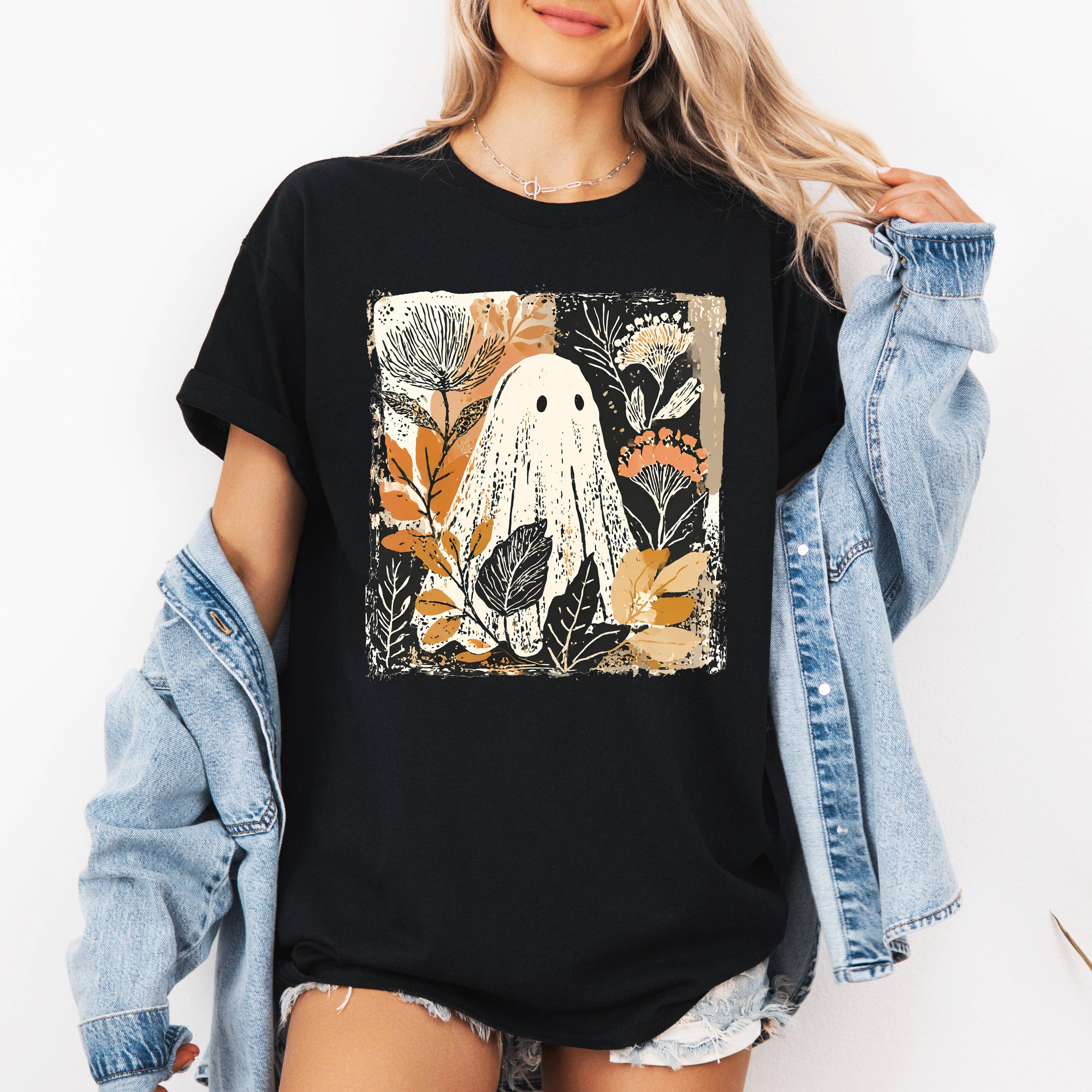 Vintage Ghost Halloween, Botanical Floral Autumn Fall Tshirt
