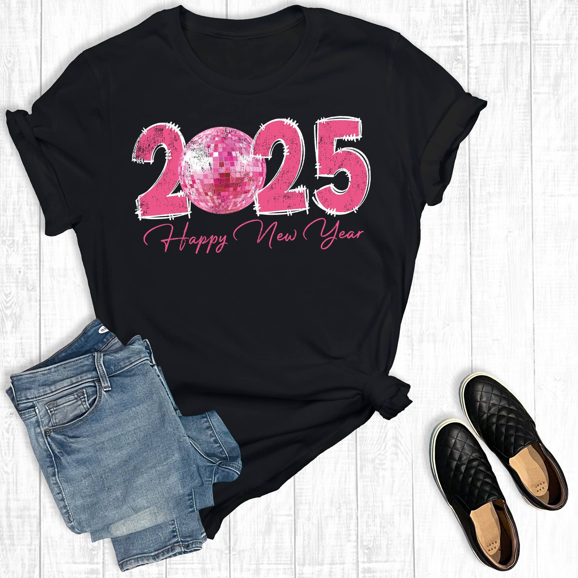 Happy New Year 2025 Pink Disco Ball Graphic Tee