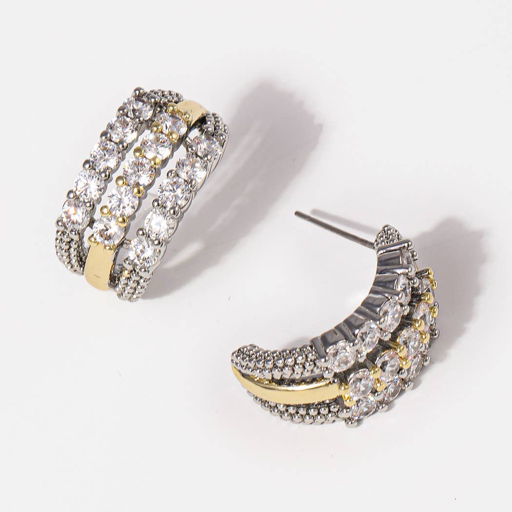 Triple Linear Cz Crescent Shape Post Earrings