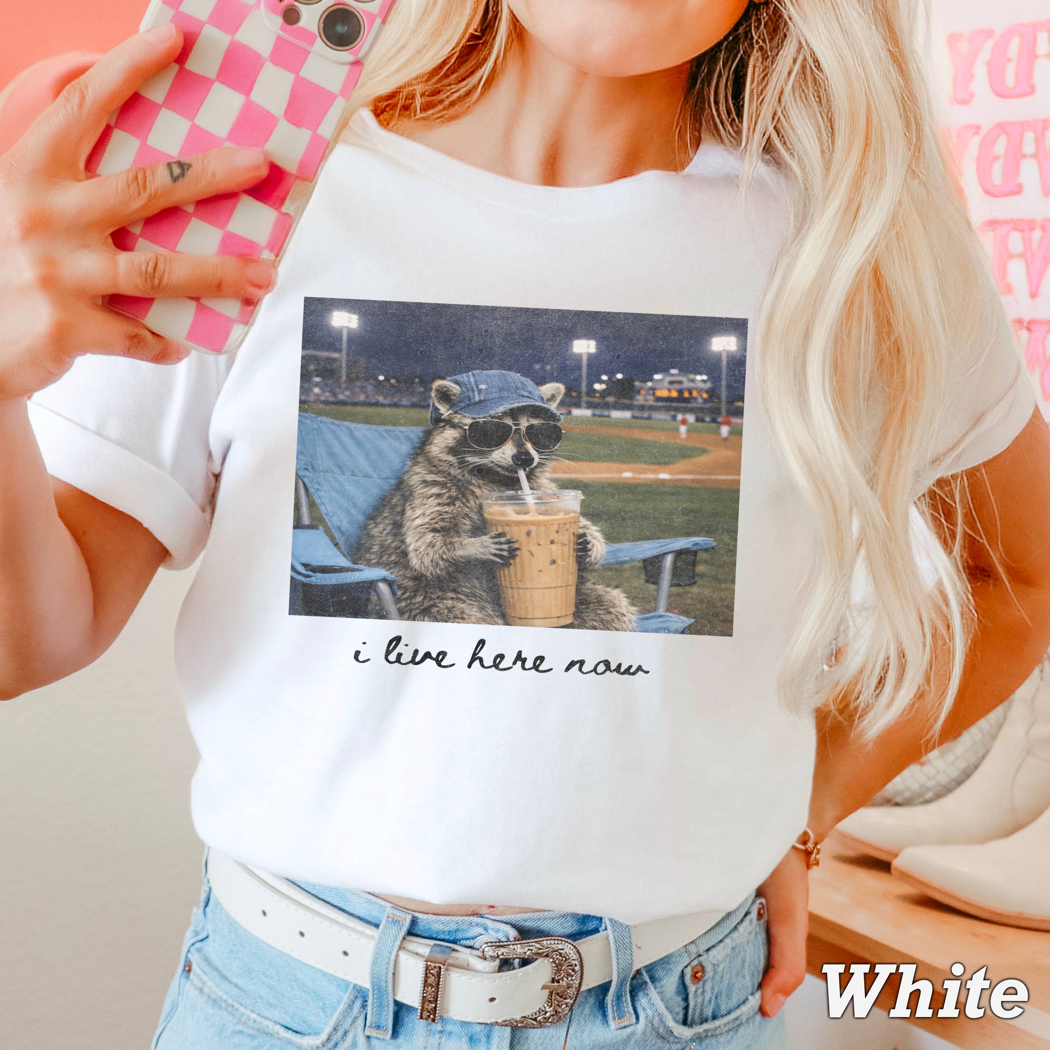 I Live Here Now Raccoon Baseball T-Shirt | Comfort Color