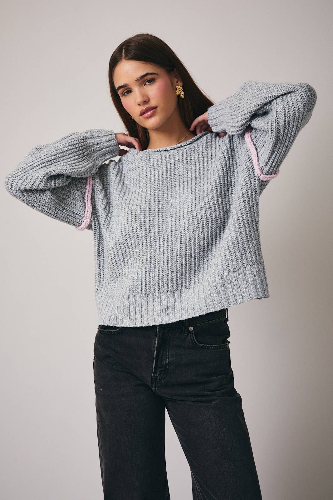 Round Roll Up Neck Long Sleeve Slouchy Fit Sweater