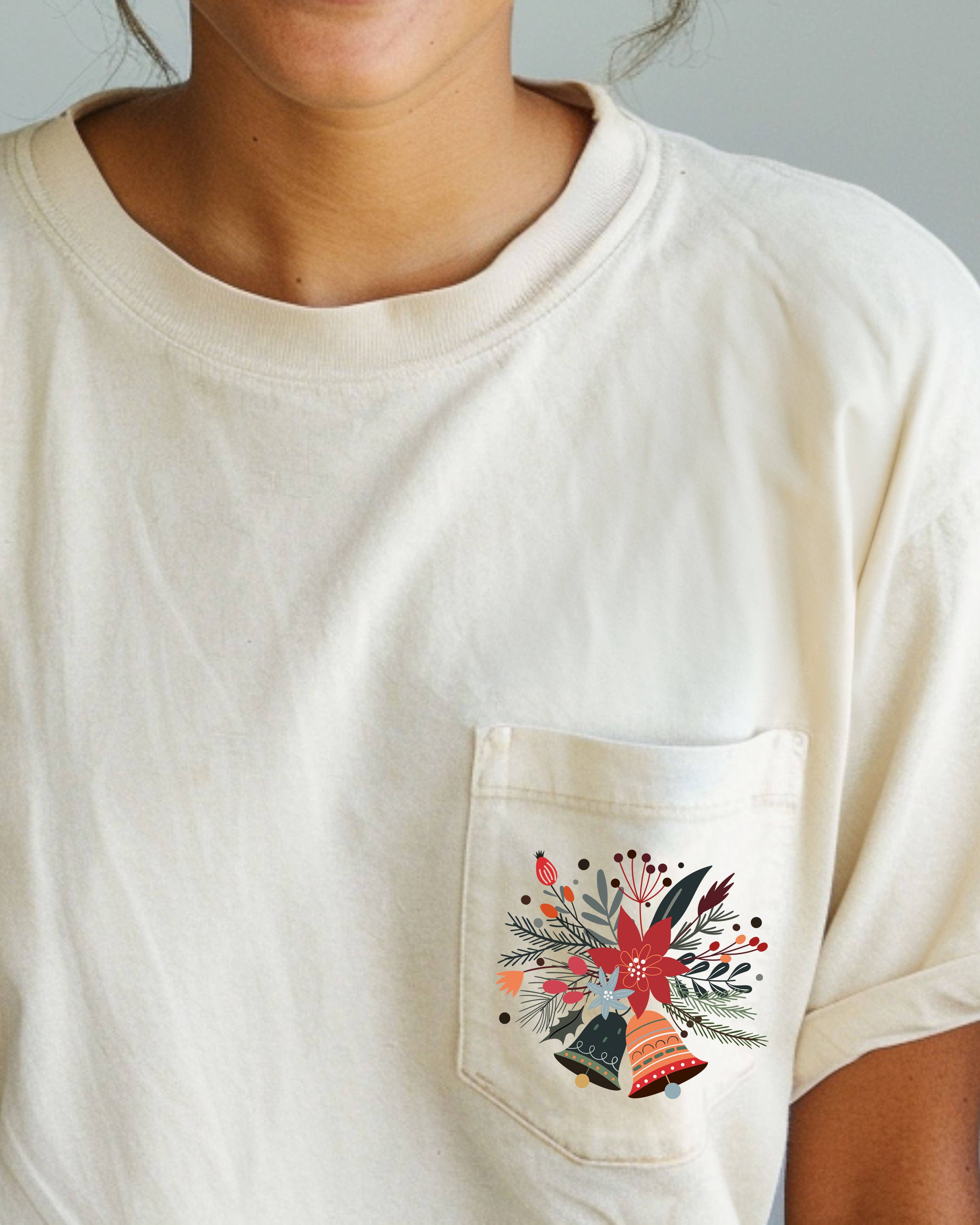 Christmas Flowers, Bells, Poinsettia, Botanical, Pocket Tee