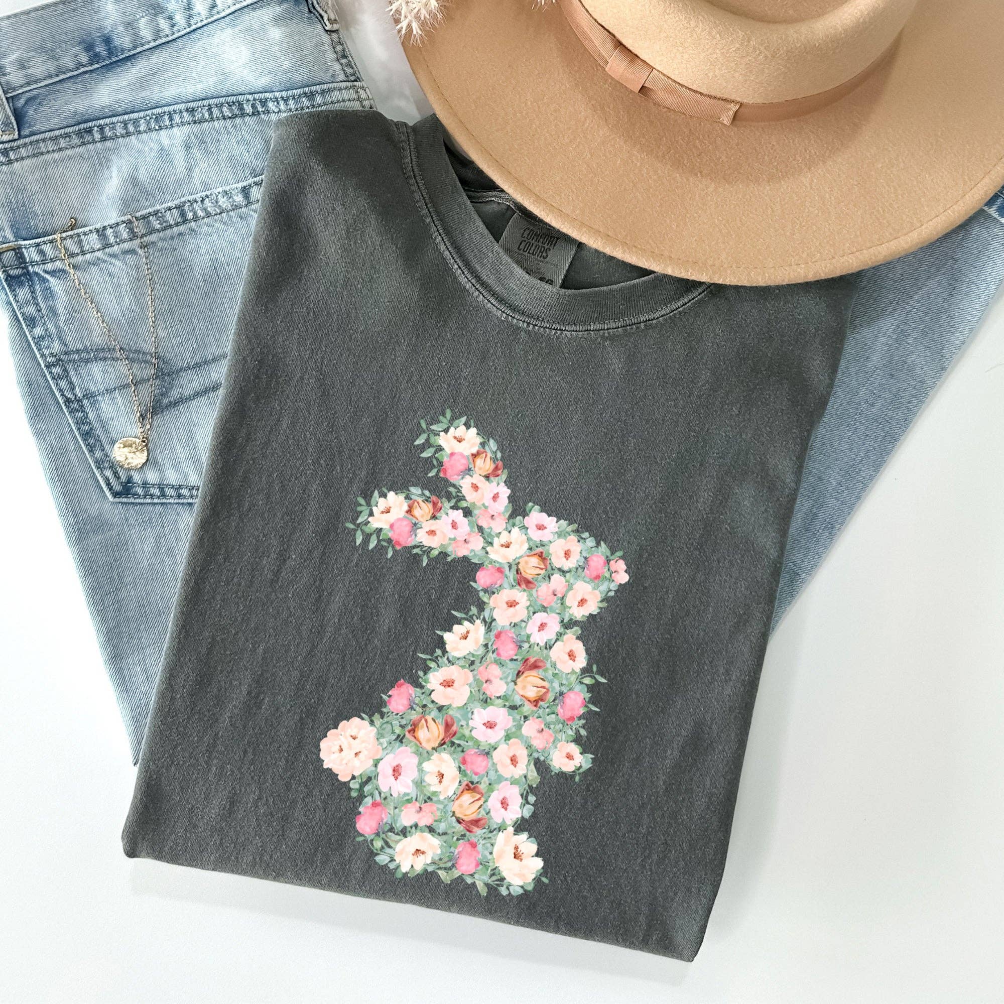 Floral Print Rabbit, Bunny, Easter Comfort Colors Tshirt