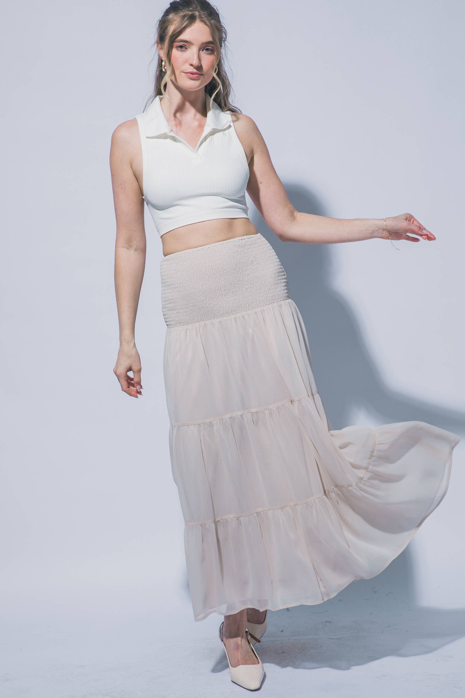 0327 Smocked Waistband Maxi Skirt SI-29643