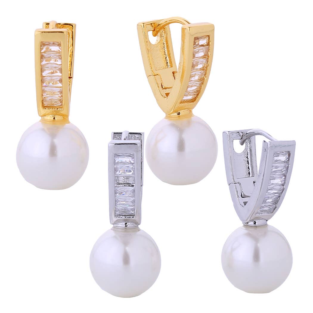 14K Dipped Cz V Shape with Pearl Huggie Earrings