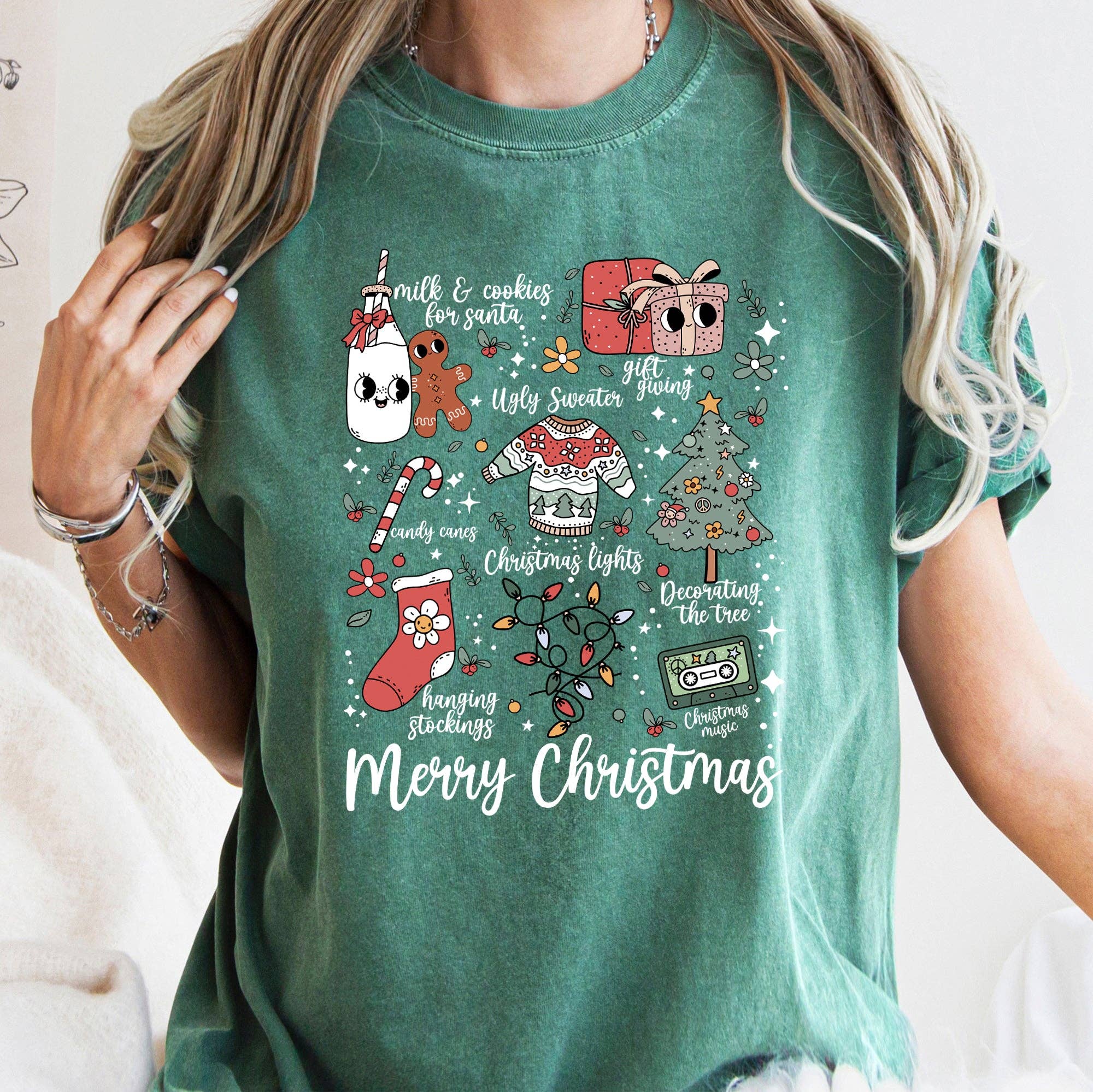 Merry Christmas Doodles, Cute, Santa, Tree, Retro, Tshirt