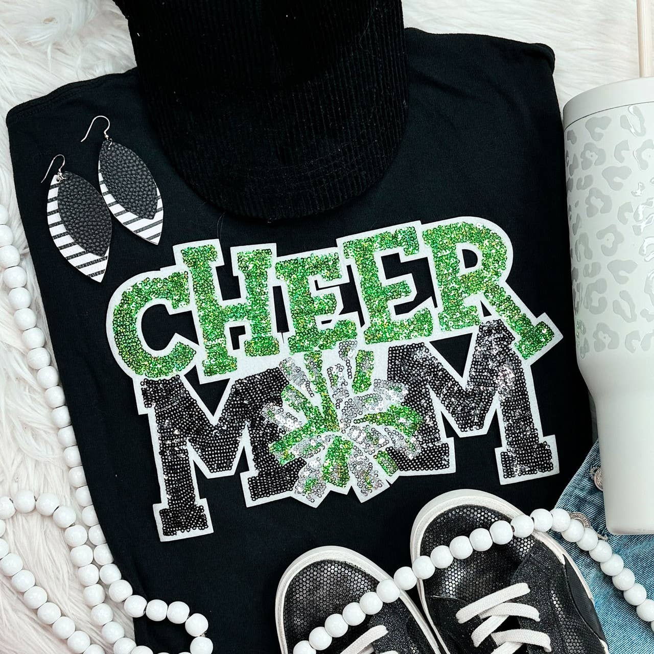Green Sequin Cheer Mom Patch Black Everyday Tee