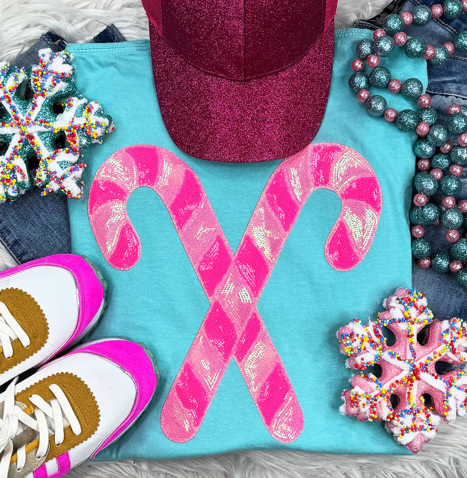 Pink Sequin Candy Canes Patch Pigment Dyed Tee
