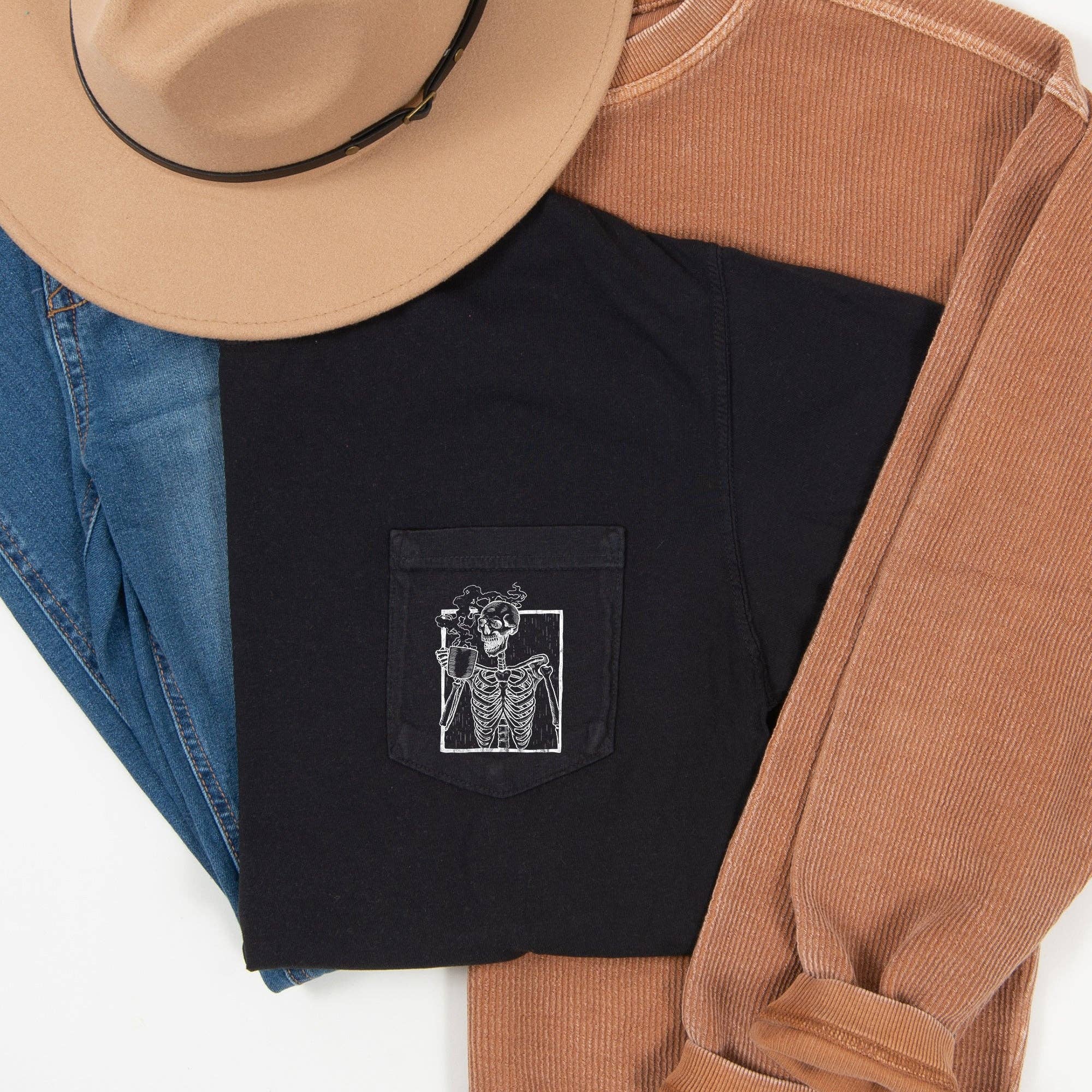 Skeleton Coffee Halloween Pocket T-Shirt White Print