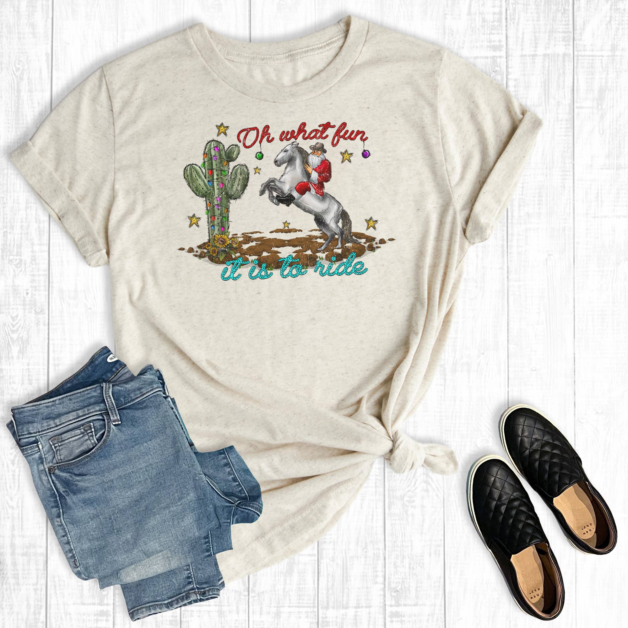 Christmas Oh What Fun It Is To Ride Cowboy Santa Graphic Tee