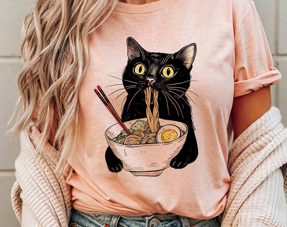 Cat Eating Ramen - Cute Funny Cat Tea Graphic Shirt