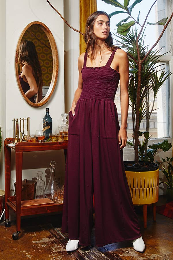 R5037K | Smocked Bodice Solid Knit Jumpsuit