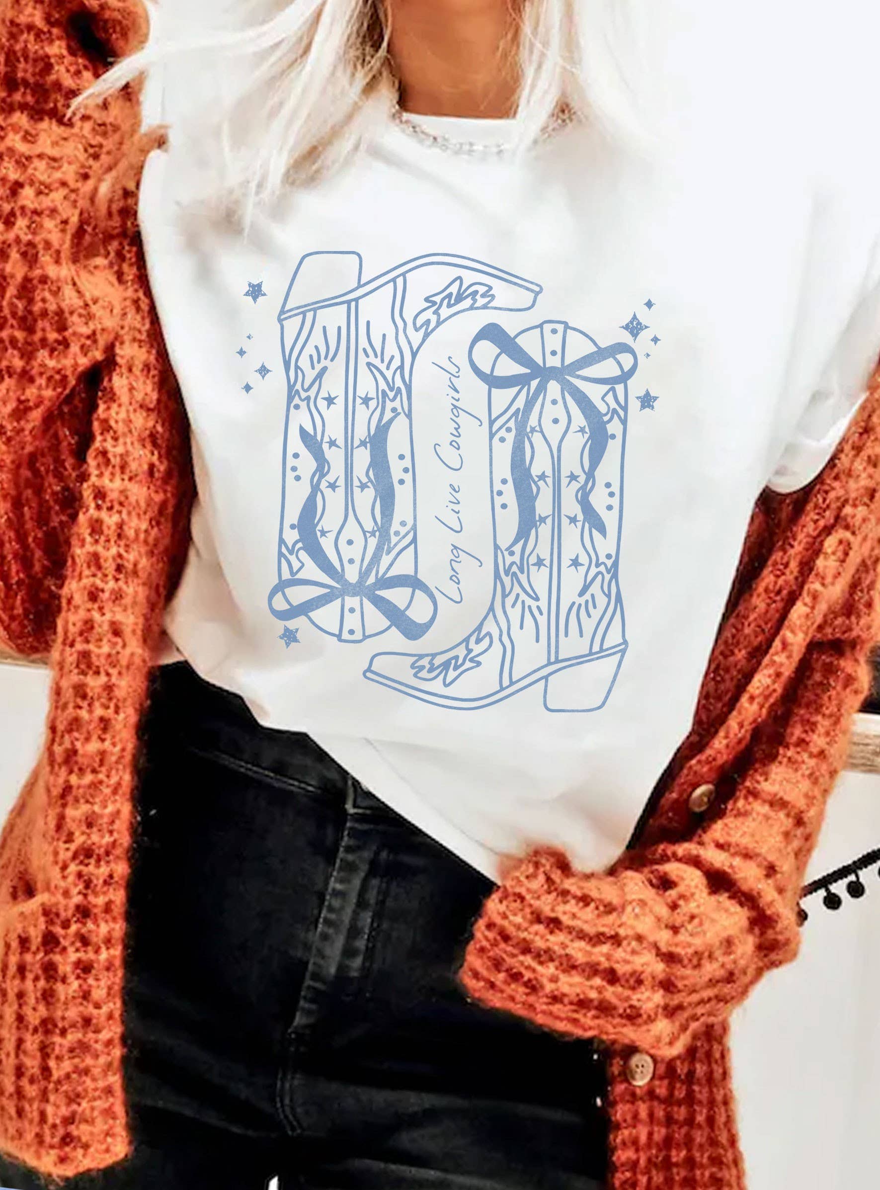 Long Live Cowgirls Western Ribbon Bow Boots Graphic Tshirts