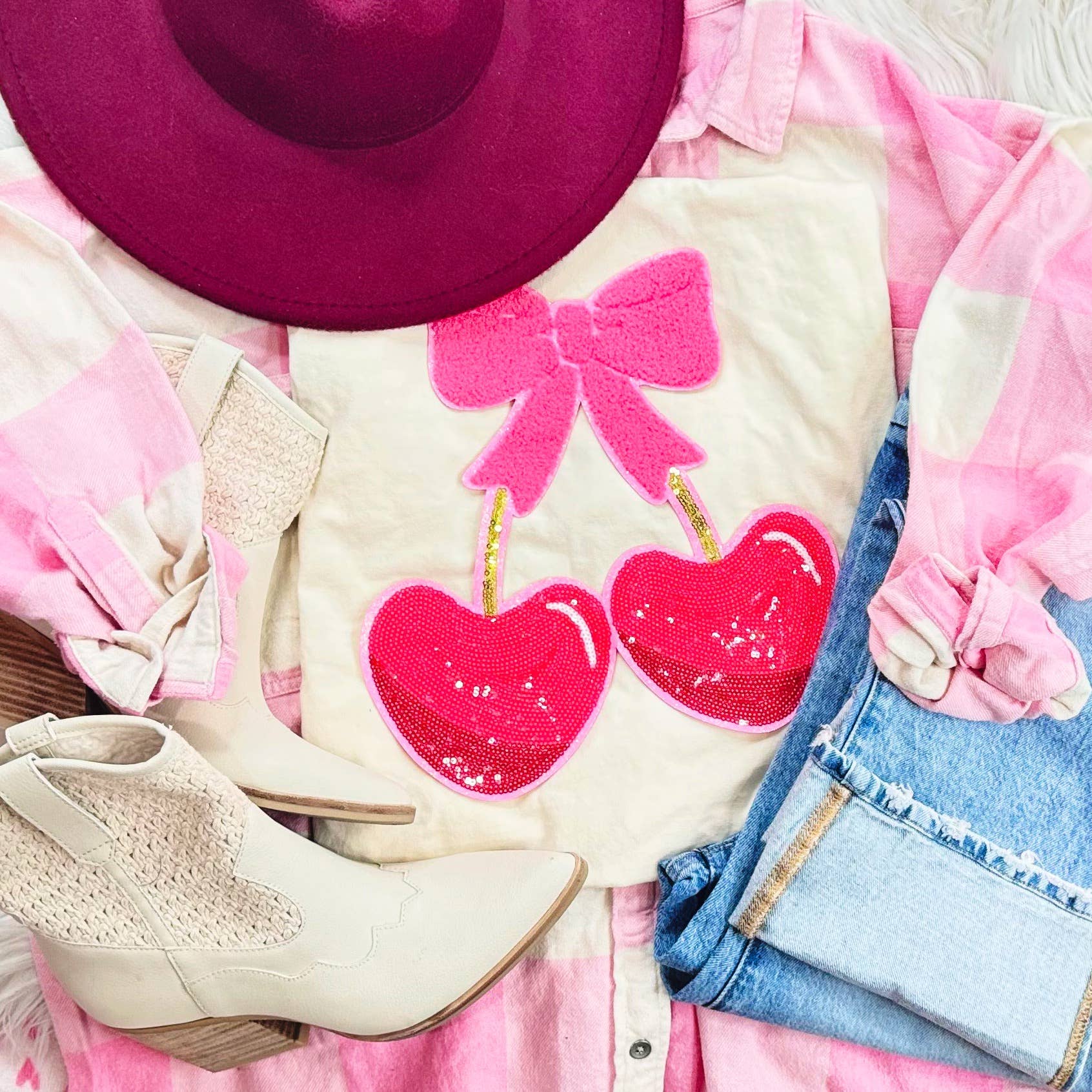 Heart Cherries Sequin Patch Ivory Tee