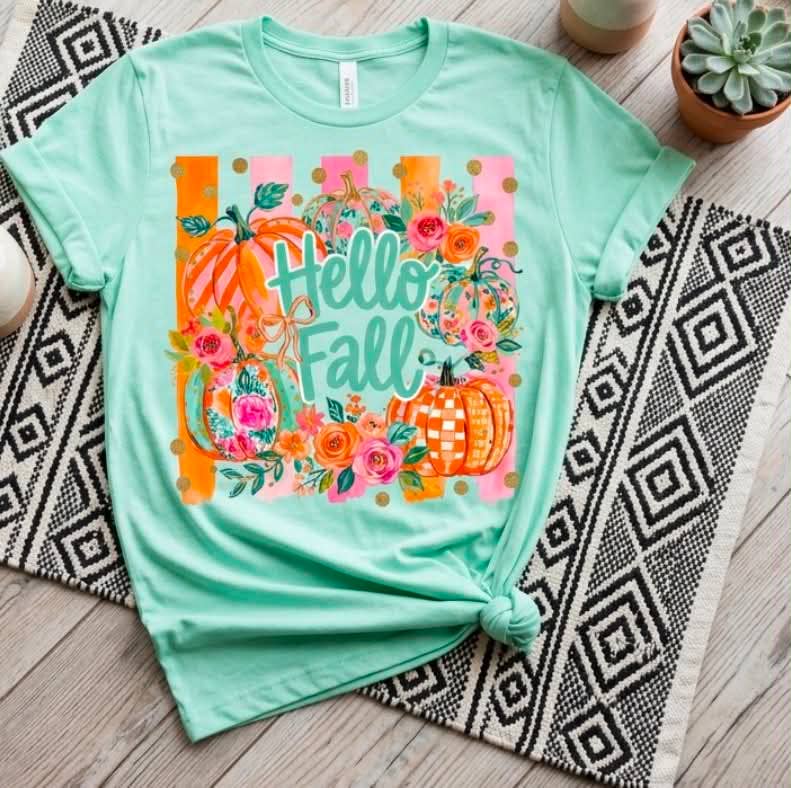 Hello Fall Pumpkin Retro Wreath Mint Seasonal Graphic Tee