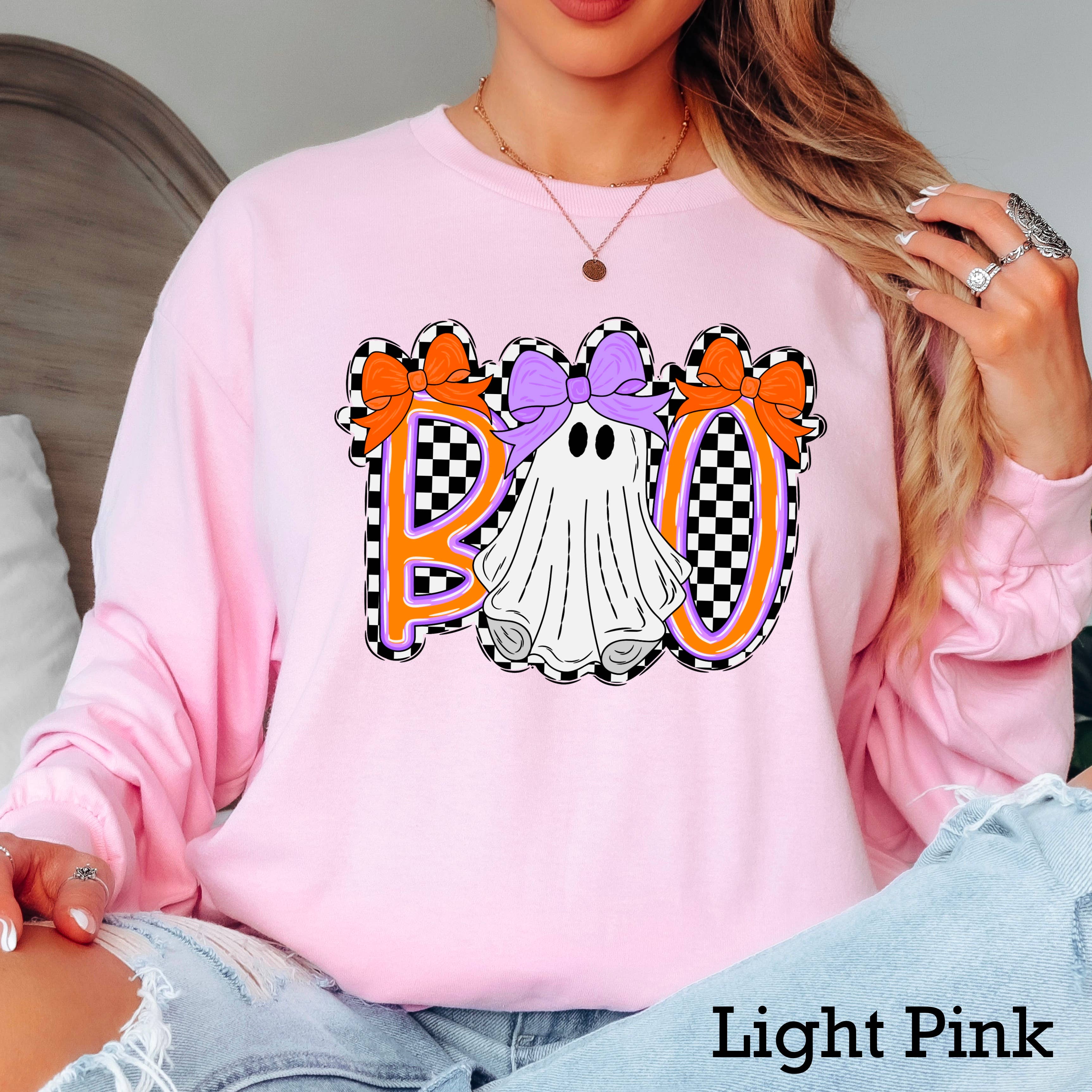 Halloween 2025 Checkered Boo  Long Sleeve Shirt | Gildan