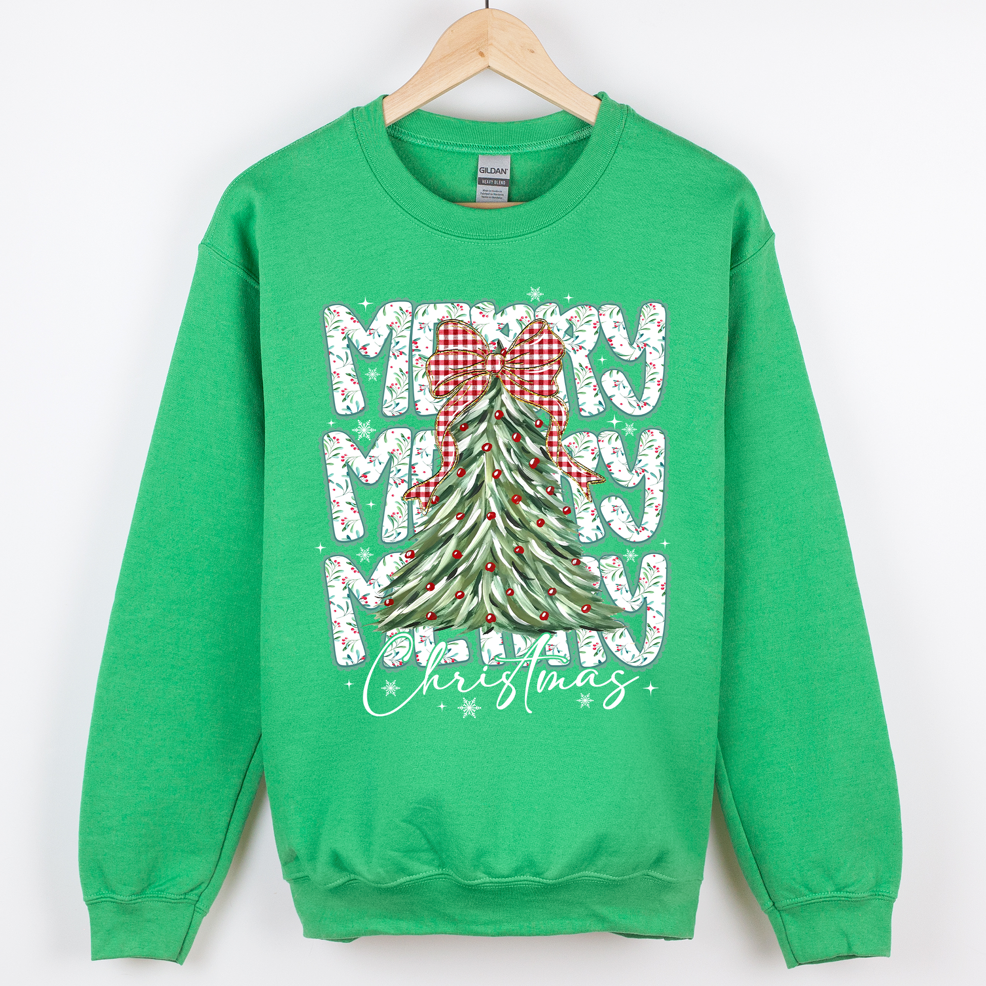 Merry Christmas, Tree, Classic Santa, Gingham Bow Sweatshirt