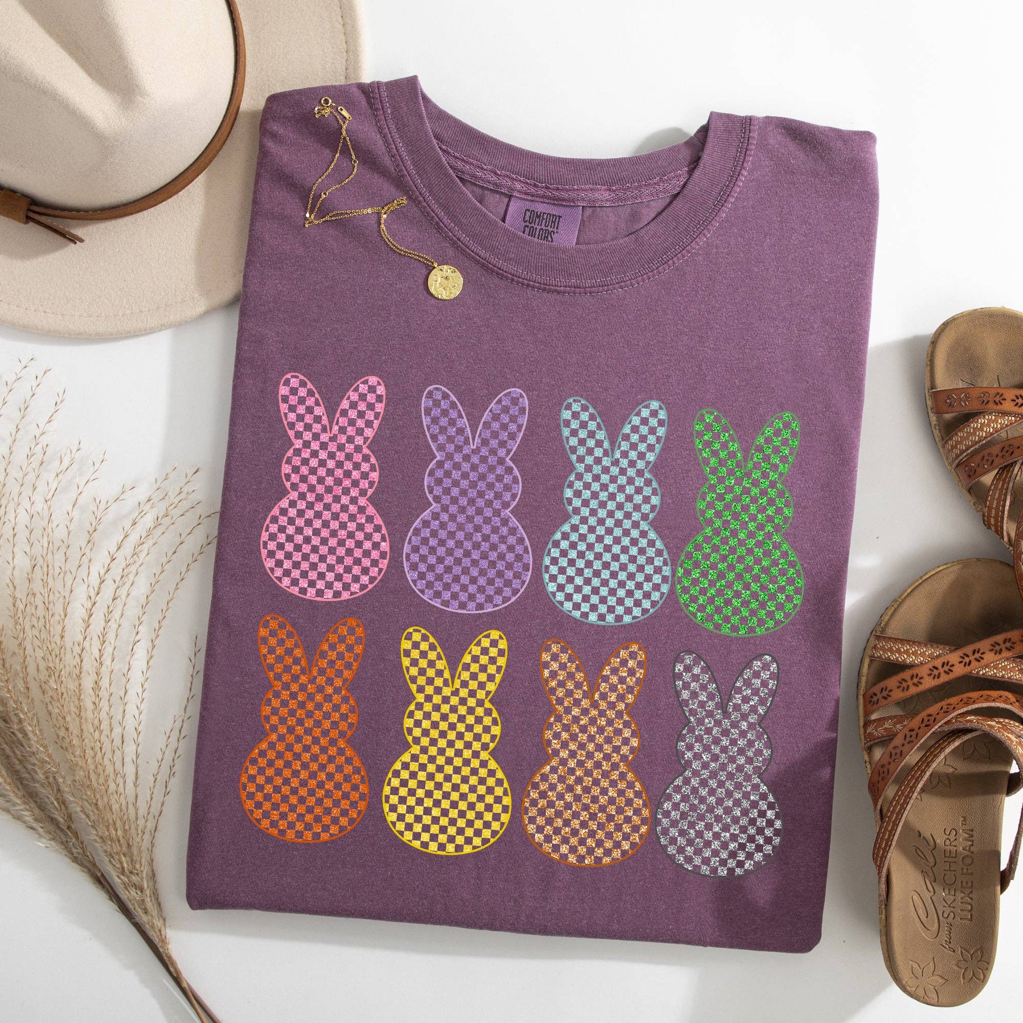 Checkered, Faux Glitter Bunnies Easter Rabbit Holiday Tshirt