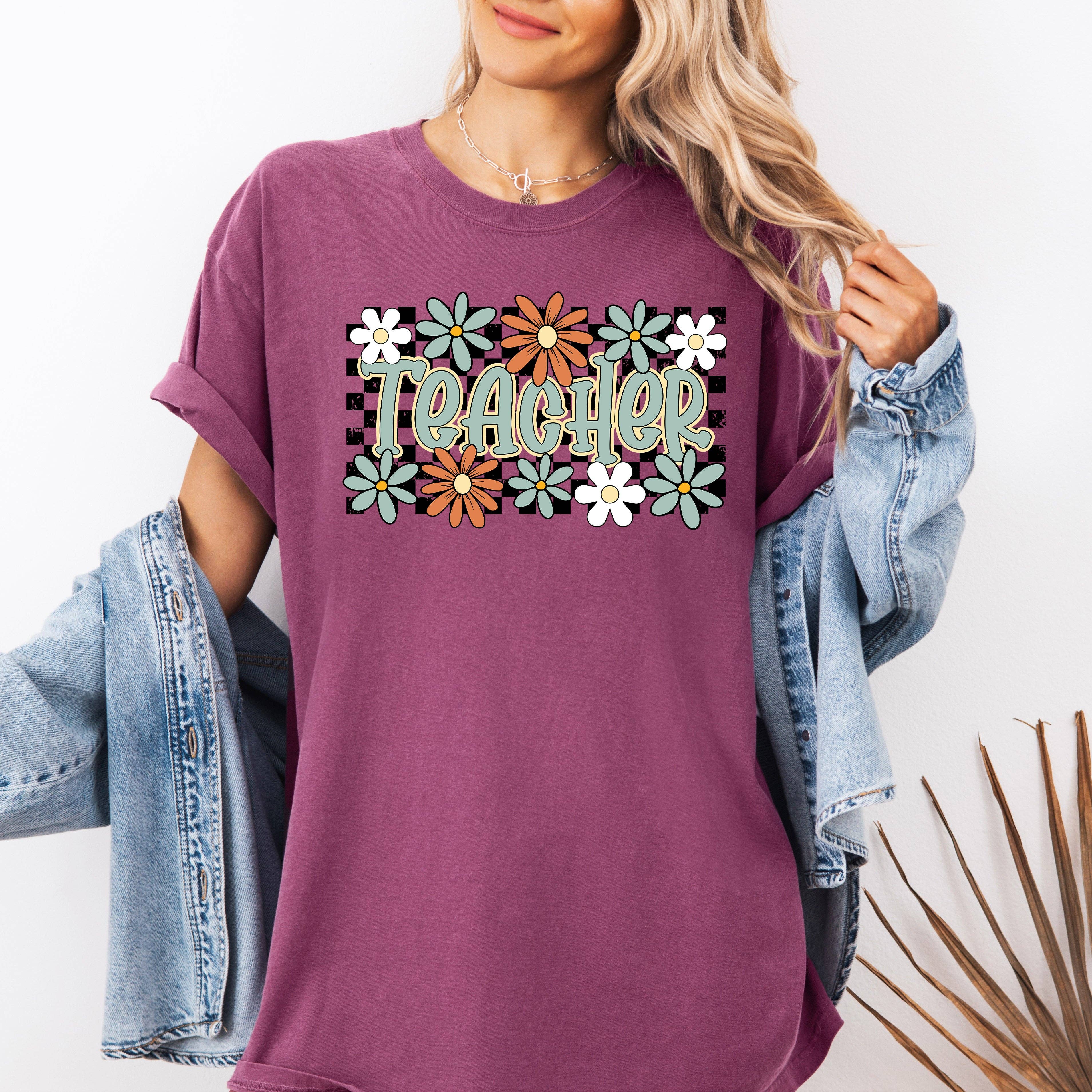 Teacher, Checkered, Floral Boho First Day of School T-Shirt