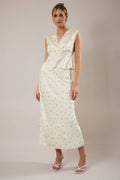 Floral Lace Trim Detail Satin Bias Ditsy Print Midi Skirt