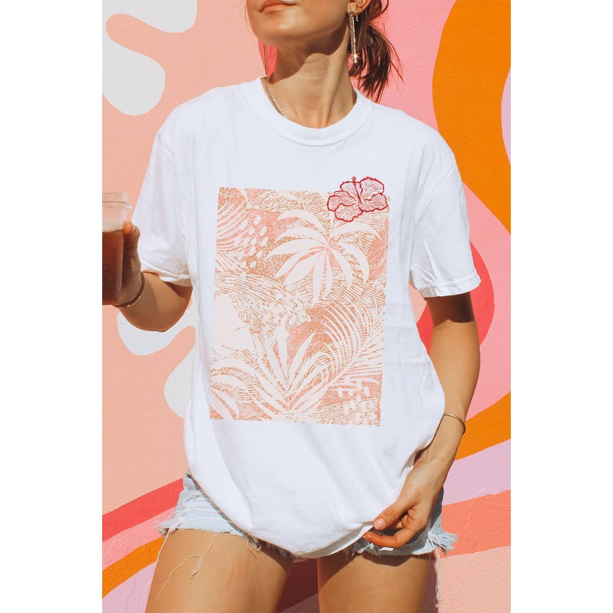 Hibiscus Embroidery Vintage Graphic Oversized Tee