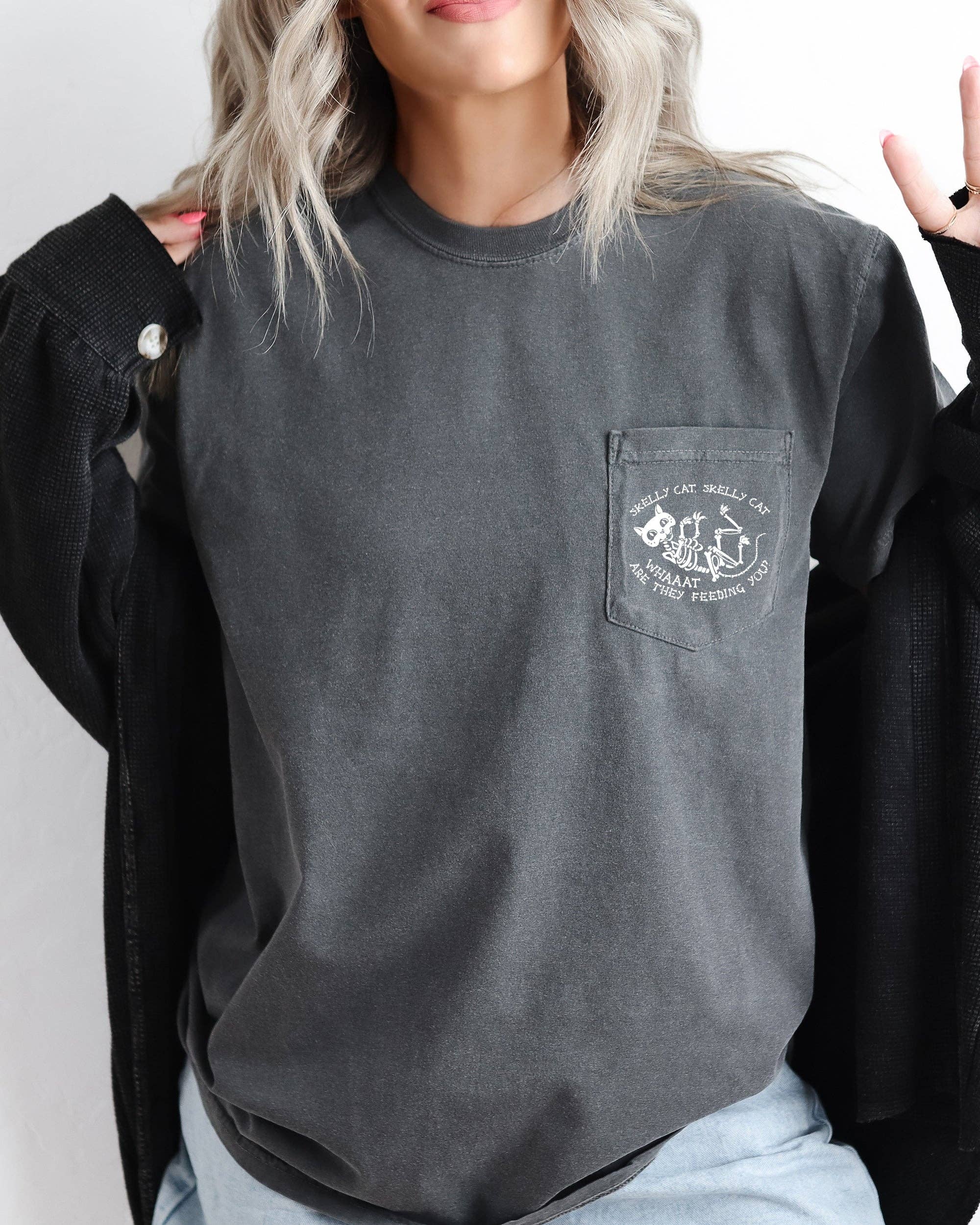 Skelly Cat, Funny, Halloween Pocket Tee