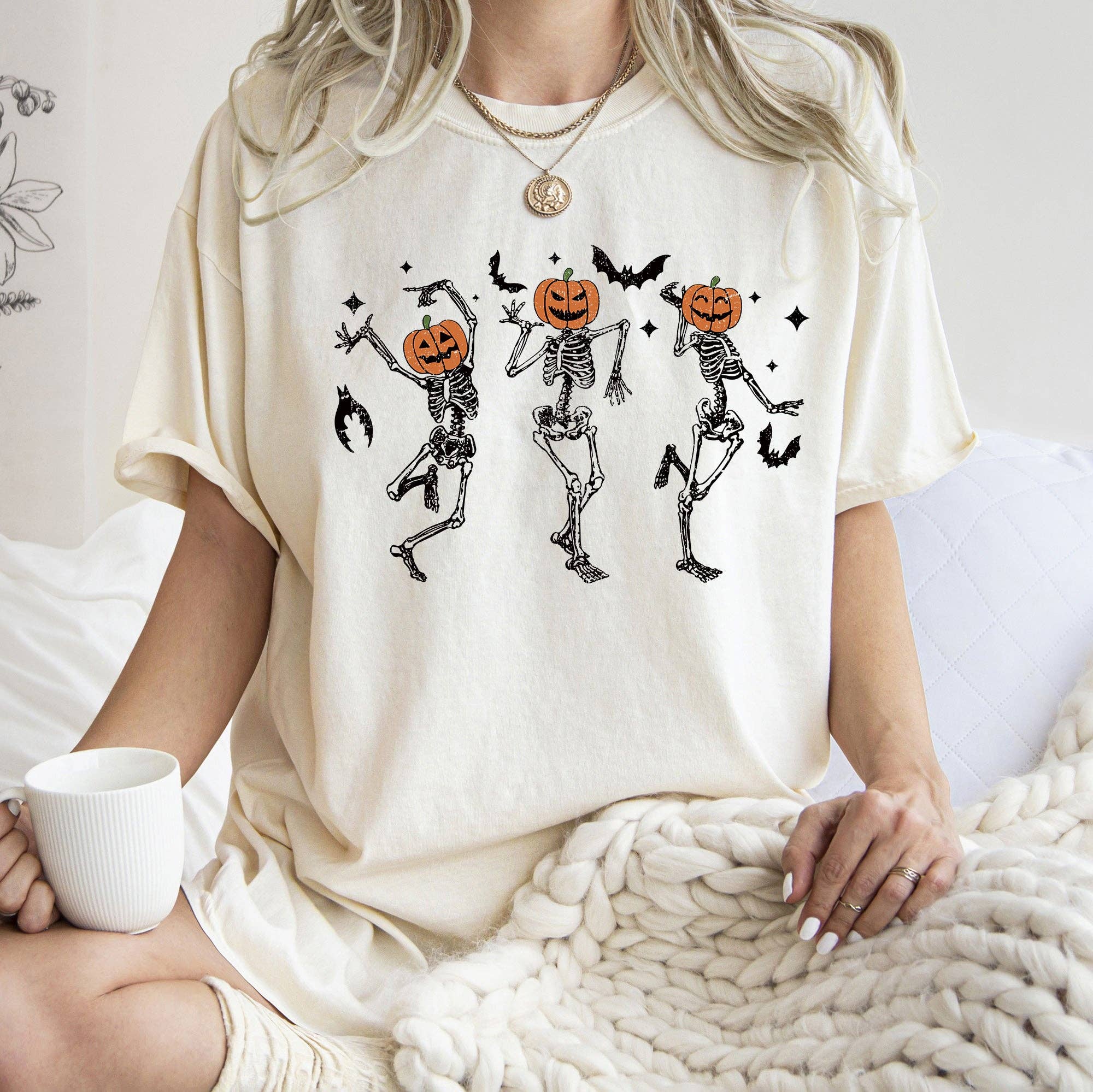 Dancing Pumpkin Skeletons Halloween T-Shirt Black Print