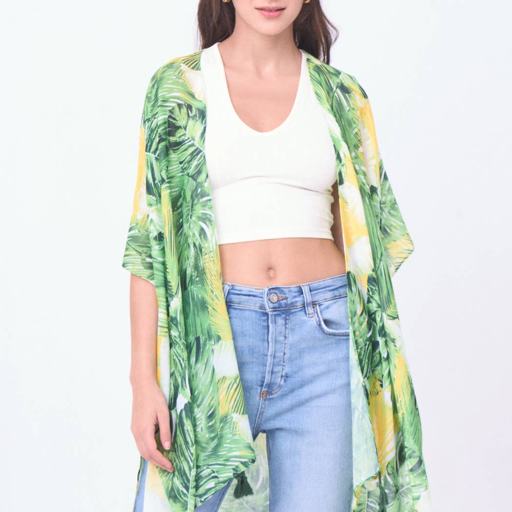 Abstract Leaf Printed Kimono