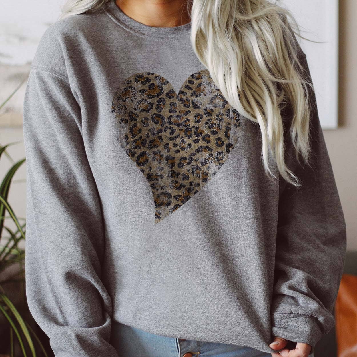 Leopard Heart Distressed Sweatshirt - Heather Gray