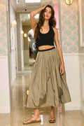 IS5703A Pleated Waist Solid Midi Skirt