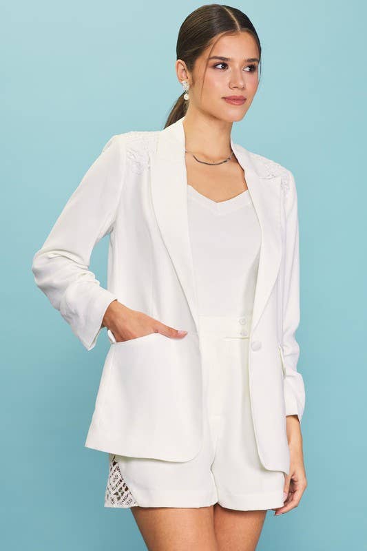 Shirred Sleeve Blazer with Crochet Detail