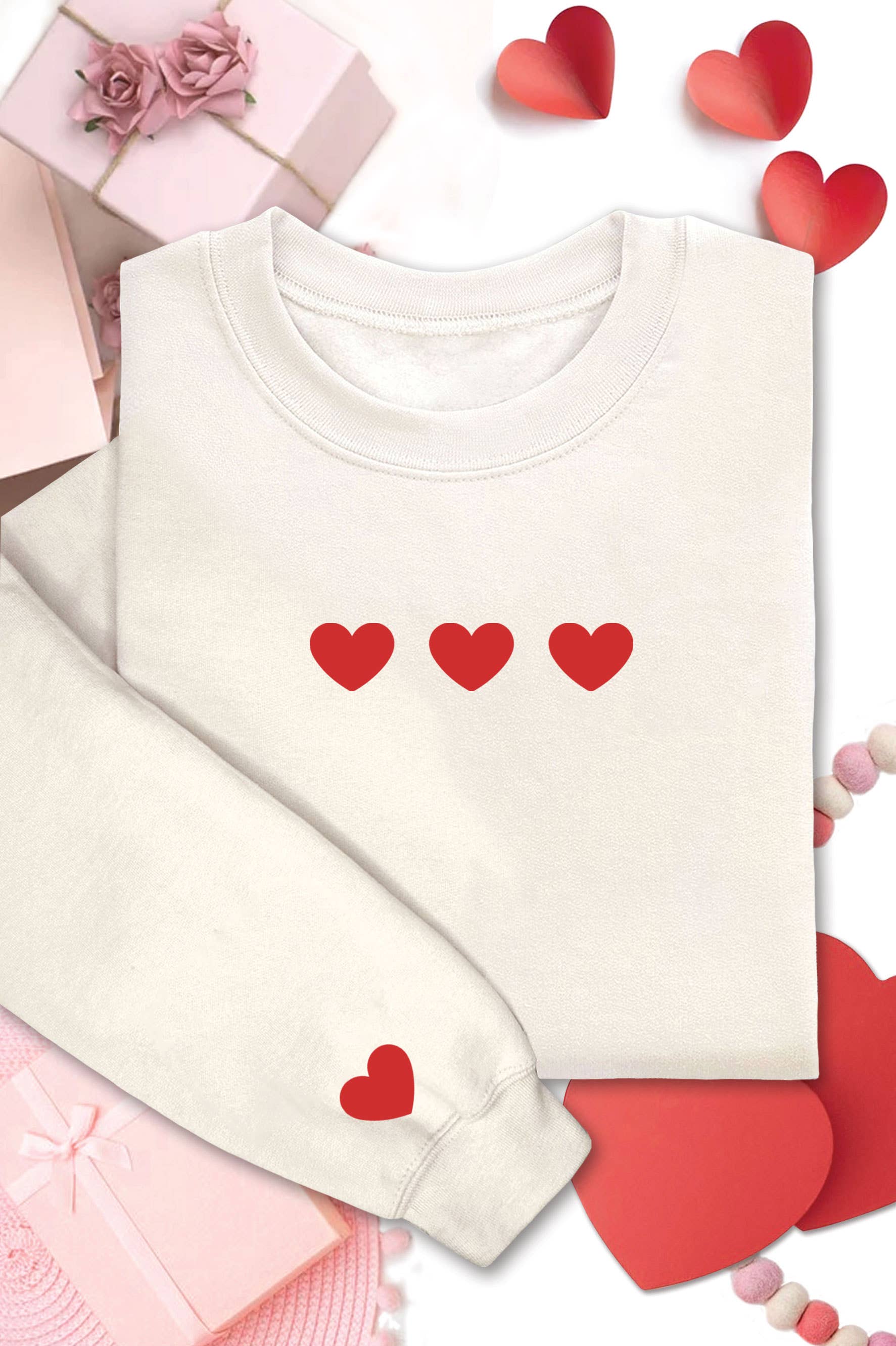 Red Heart Front&Sleeve Puff Graphic Brushed Sweatshirts