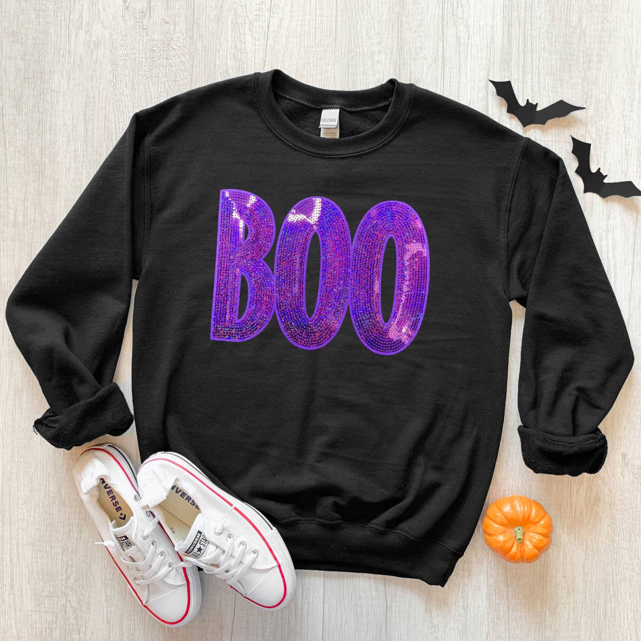 Purple Sequin Boo Patch Crewneck Sweatshirt