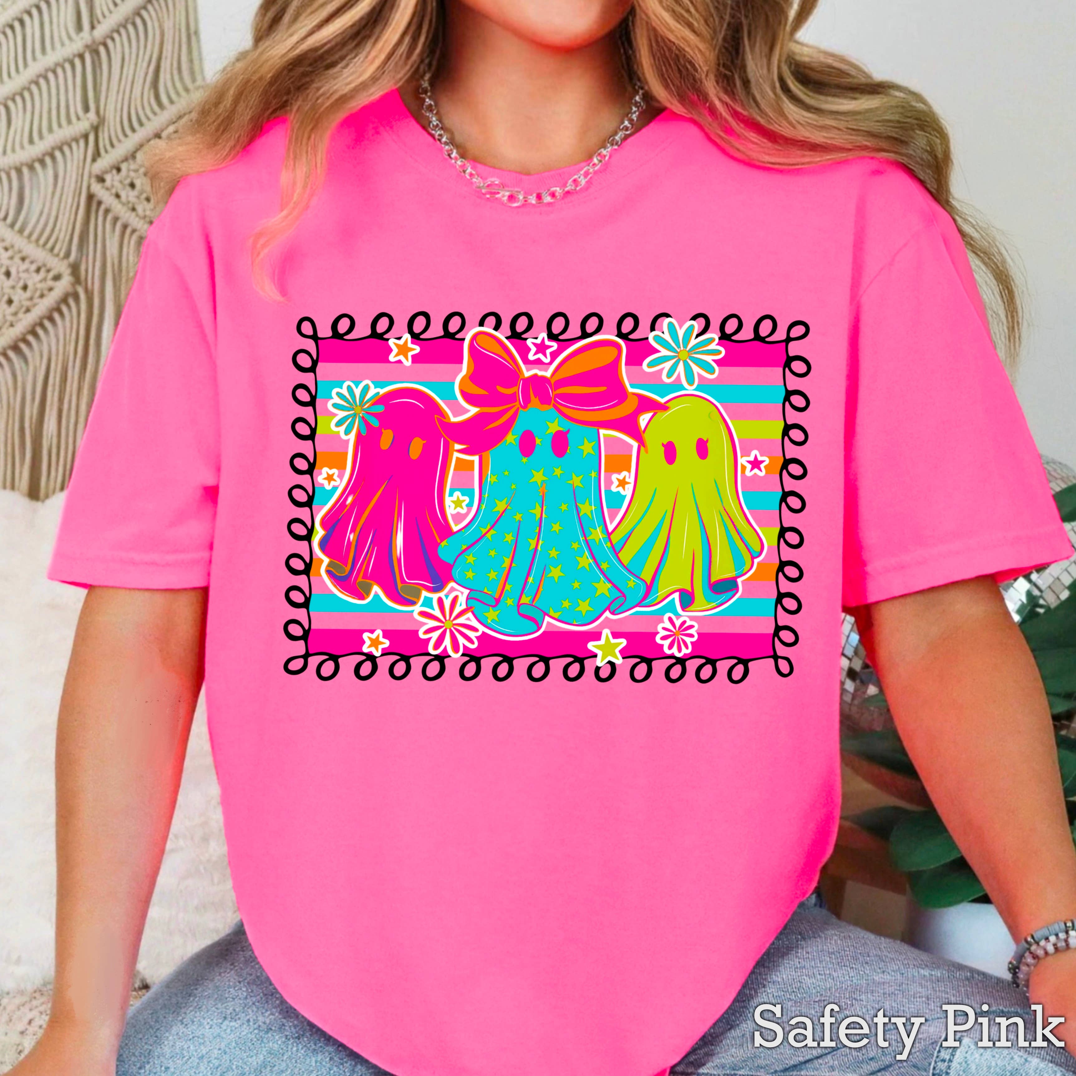 Preppy Neon Ghost Halloween 2025 Graphic Tee | Gildan