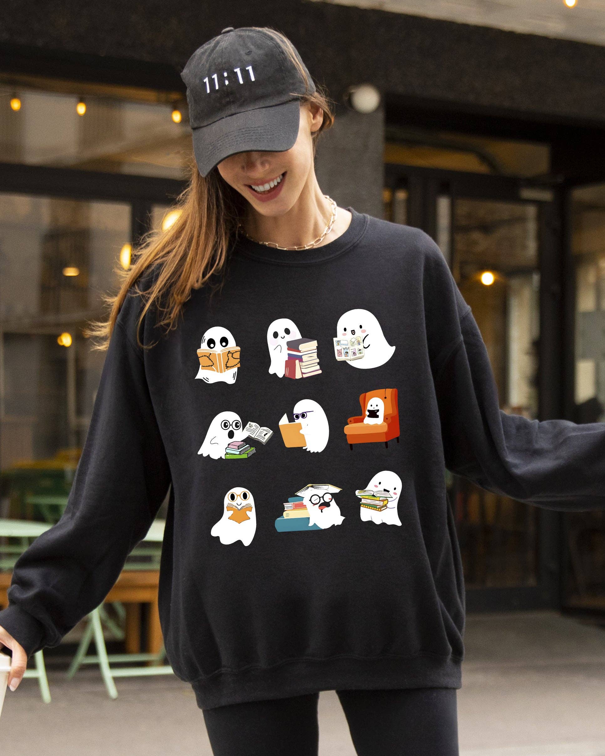 Book Lover Mini Ghosts, Skeleton, Funny Halloween Sweatshirt