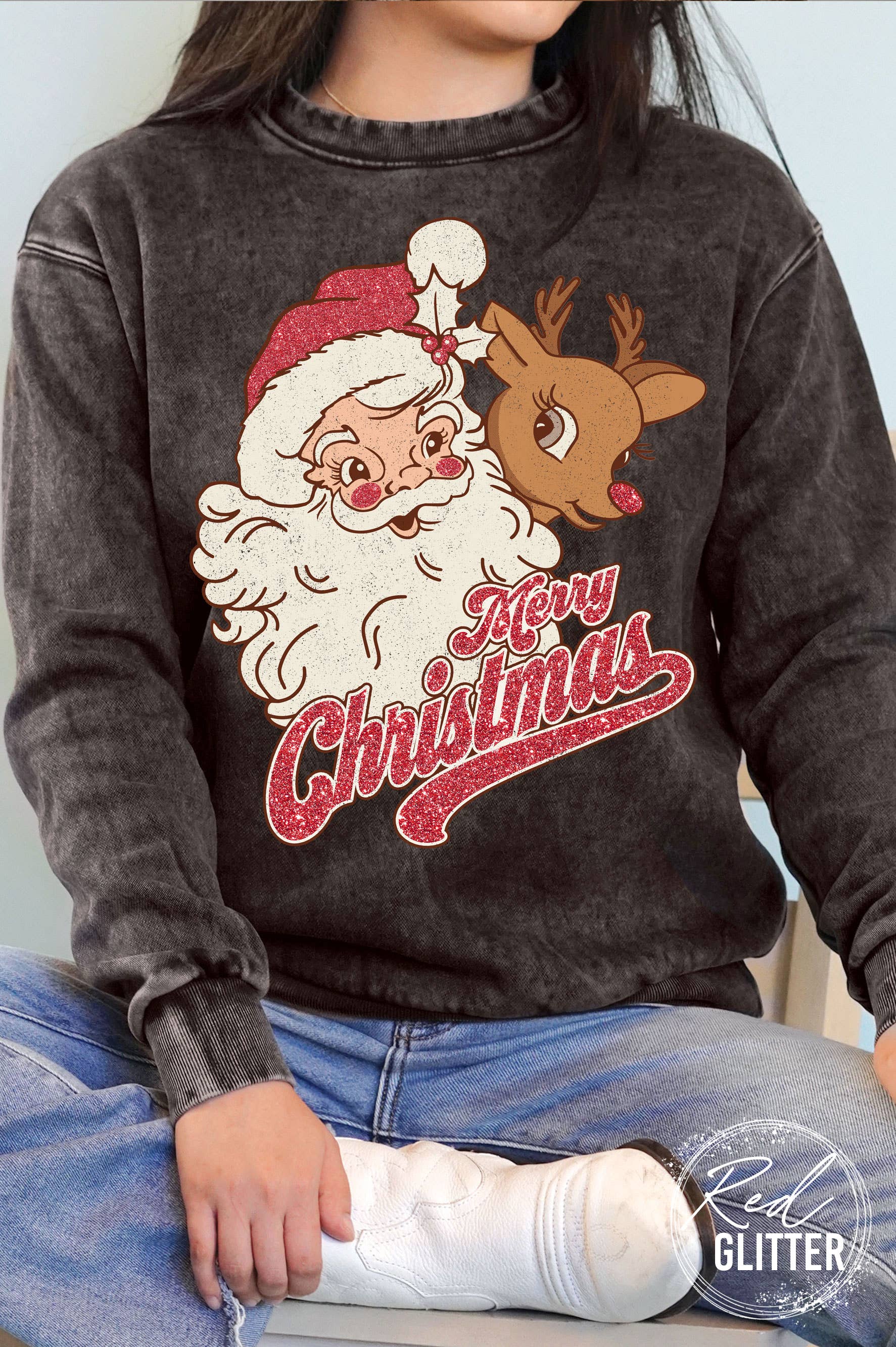 Merry Christmas Santa Rudolph Glitter Mineral Sweatshirts