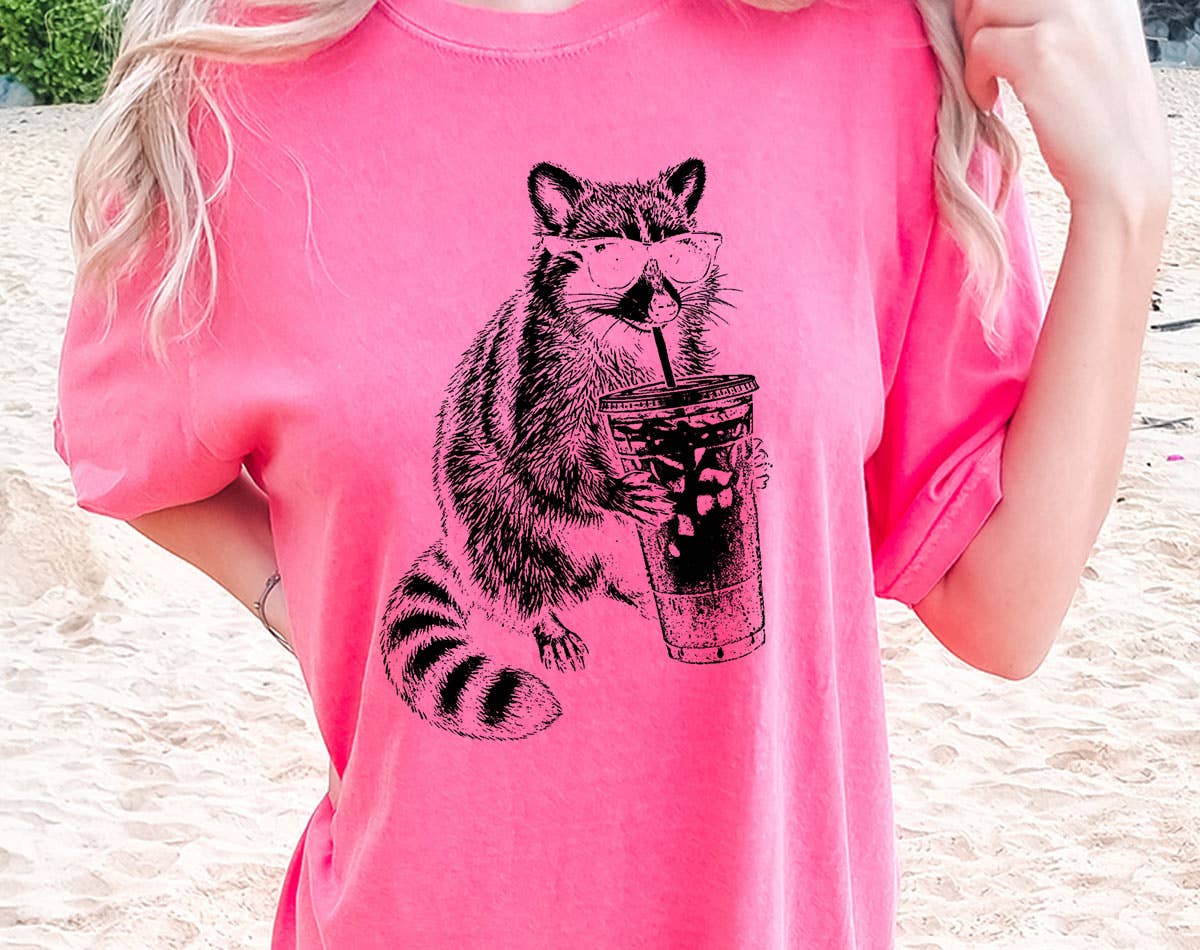 Raccoon Drinking Iced Coffee - Funny Comfort Color Shirt