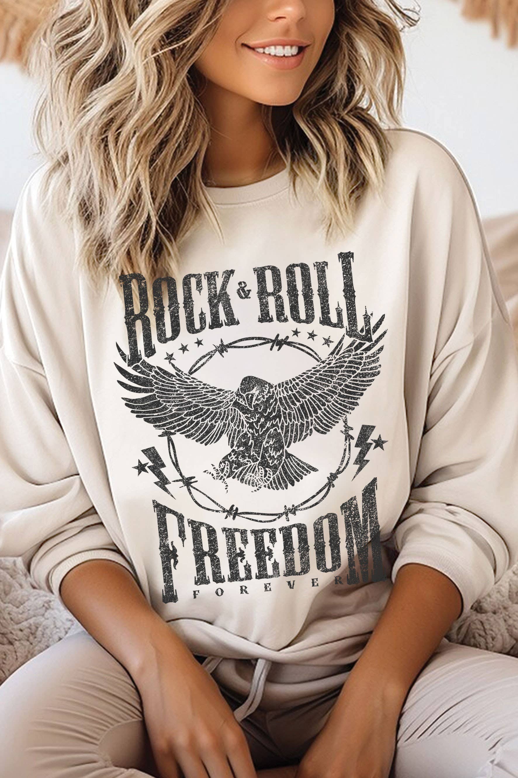 Rock and Roll Freedom Eagle Graphic Brushed Sweatshirts