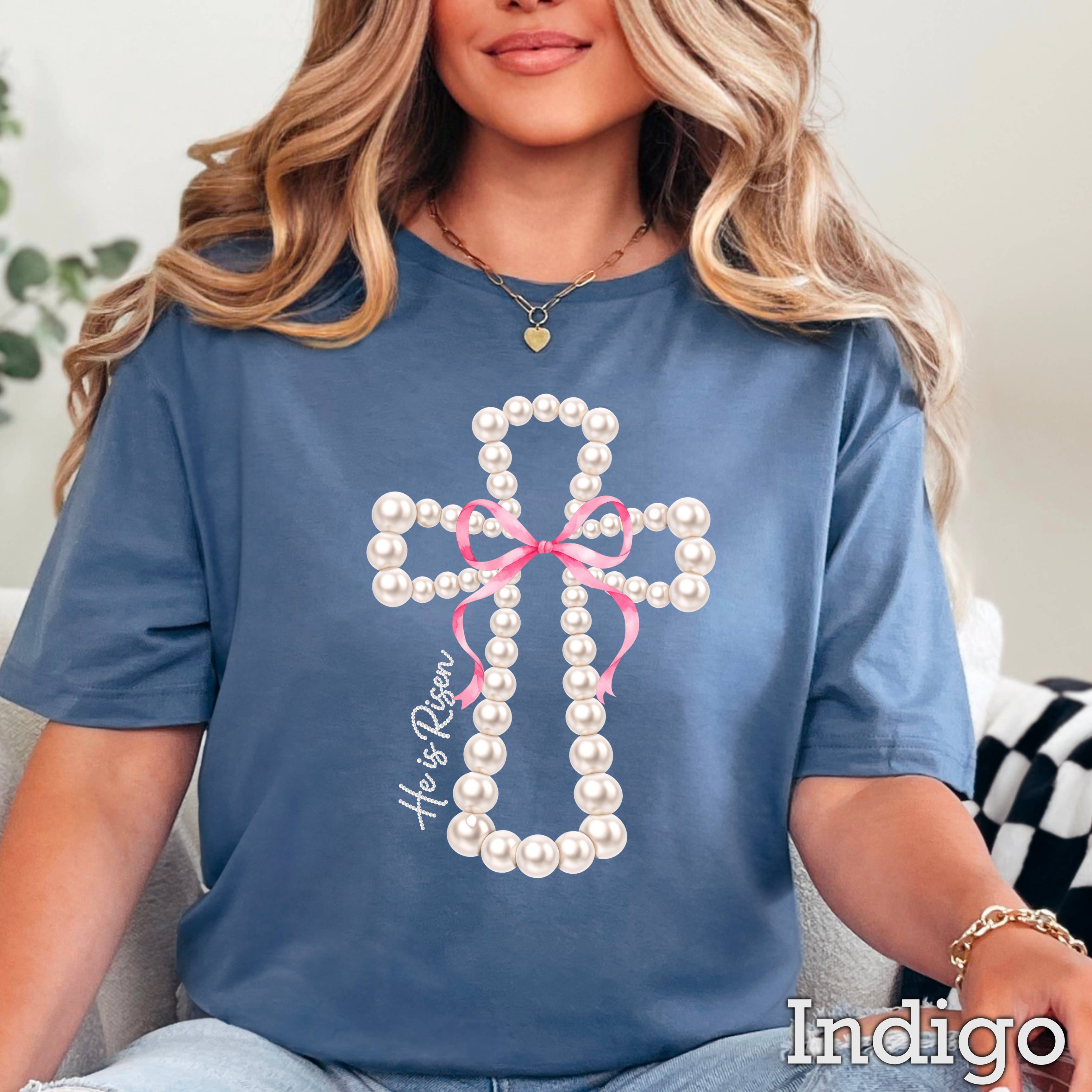 He Is Risen Pearls Easter Graphic T-Shirt | Gildan
