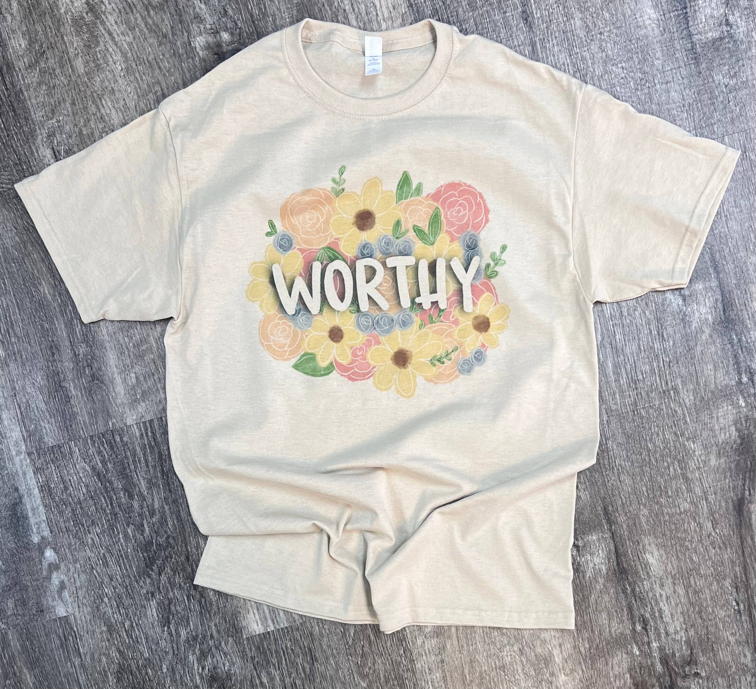 Worthy Spring Floral On Ash Gray or Sand Tee
