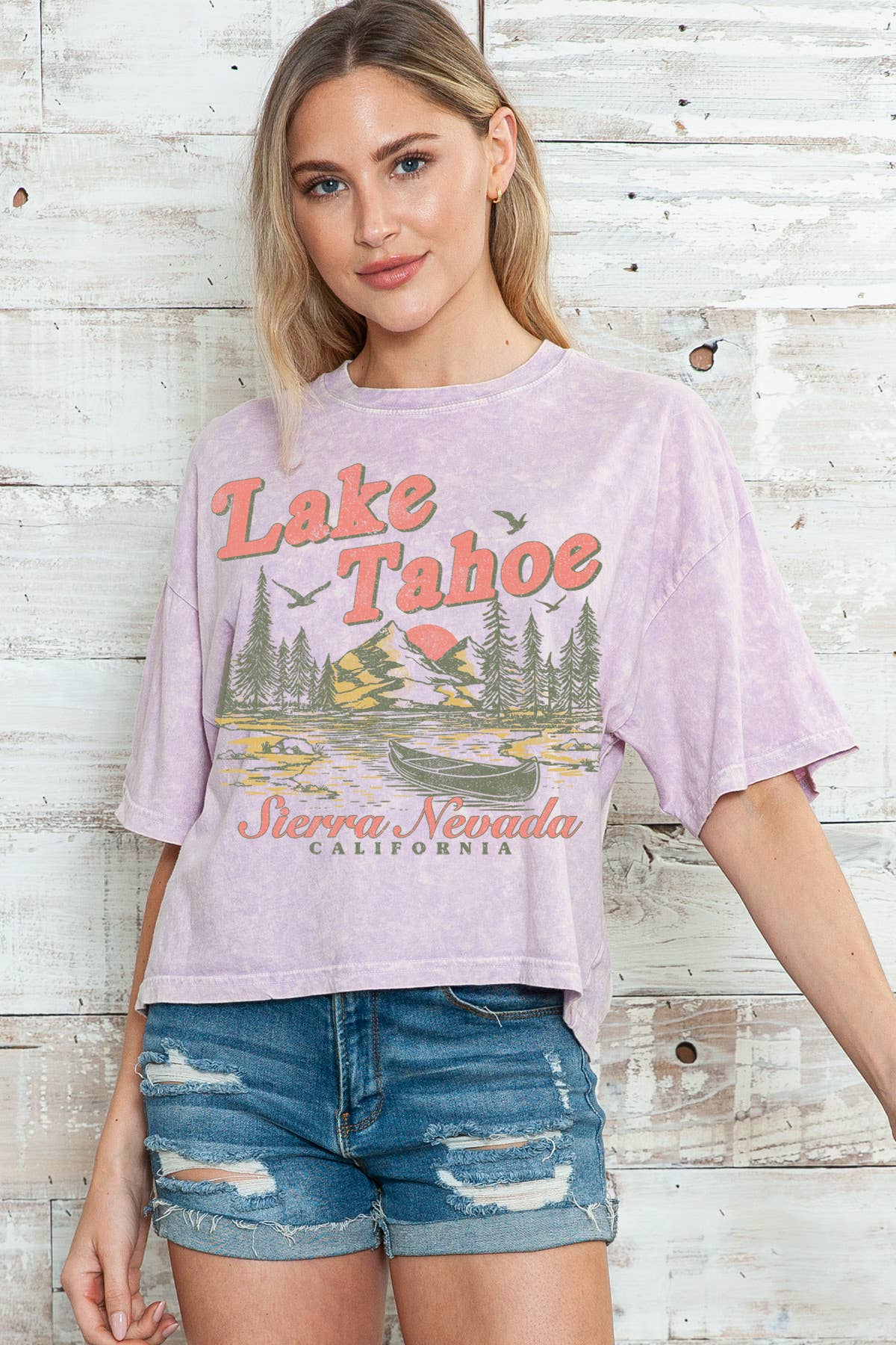 Women Lake Tahoe Graphic Print Mineral Wash Top