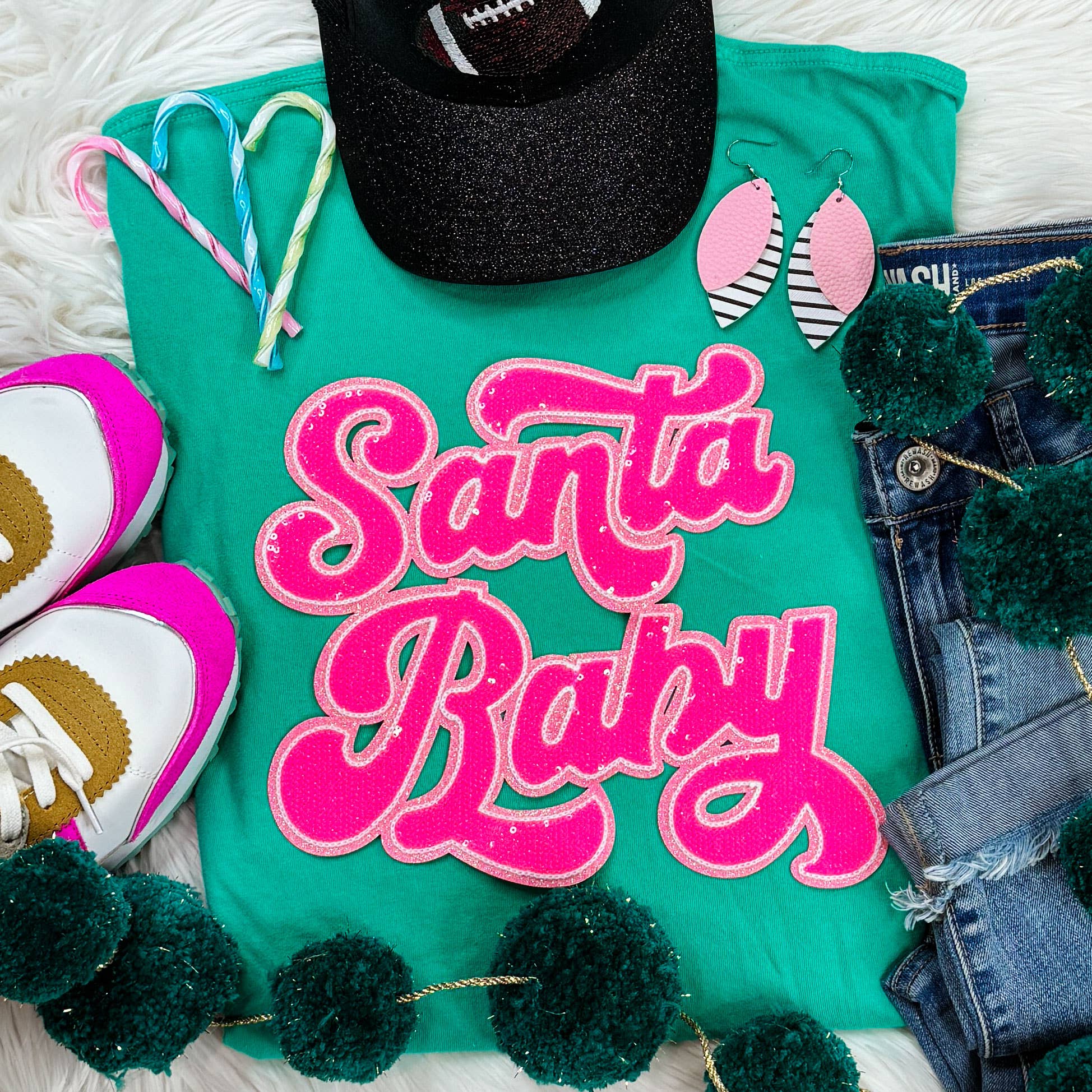 Santa Baby Sequin Patch Island Green Pigment Dyed Tee