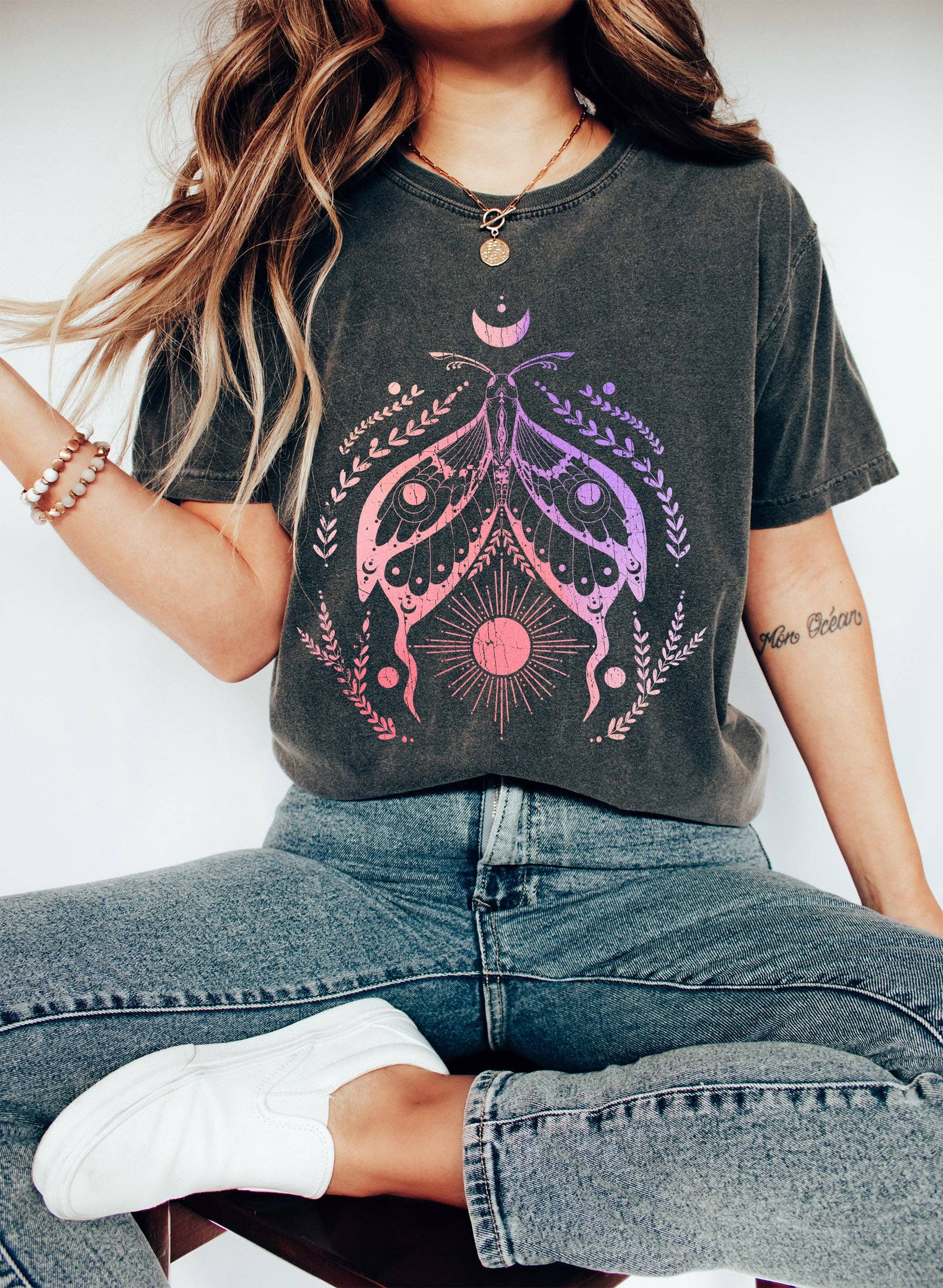 Celestial Moth Sun and Moon Abstract T-Shirt