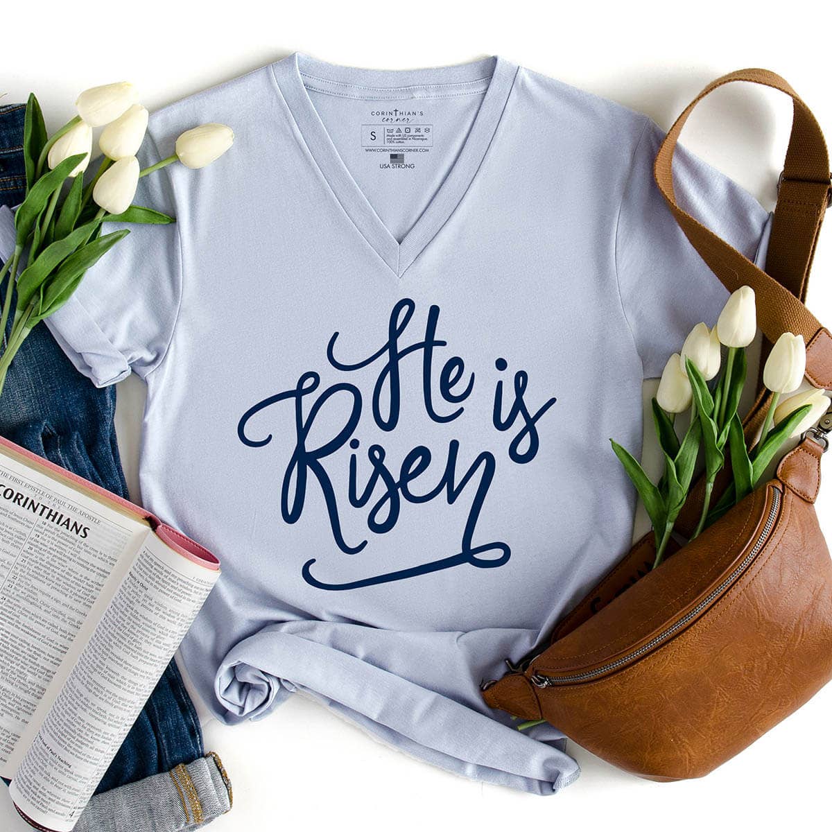 He Is Risen Graphic Easter V-Neck T-Shirt