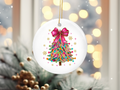 Coquette Christmas Tree Pink Bow Snow Flakes Ornament