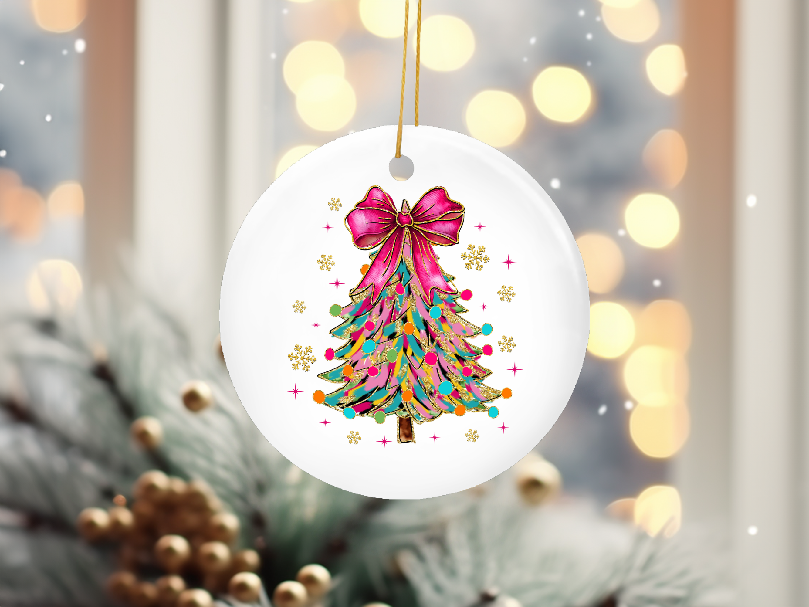 Coquette Christmas Tree Pink Bow Snow Flakes Ornament