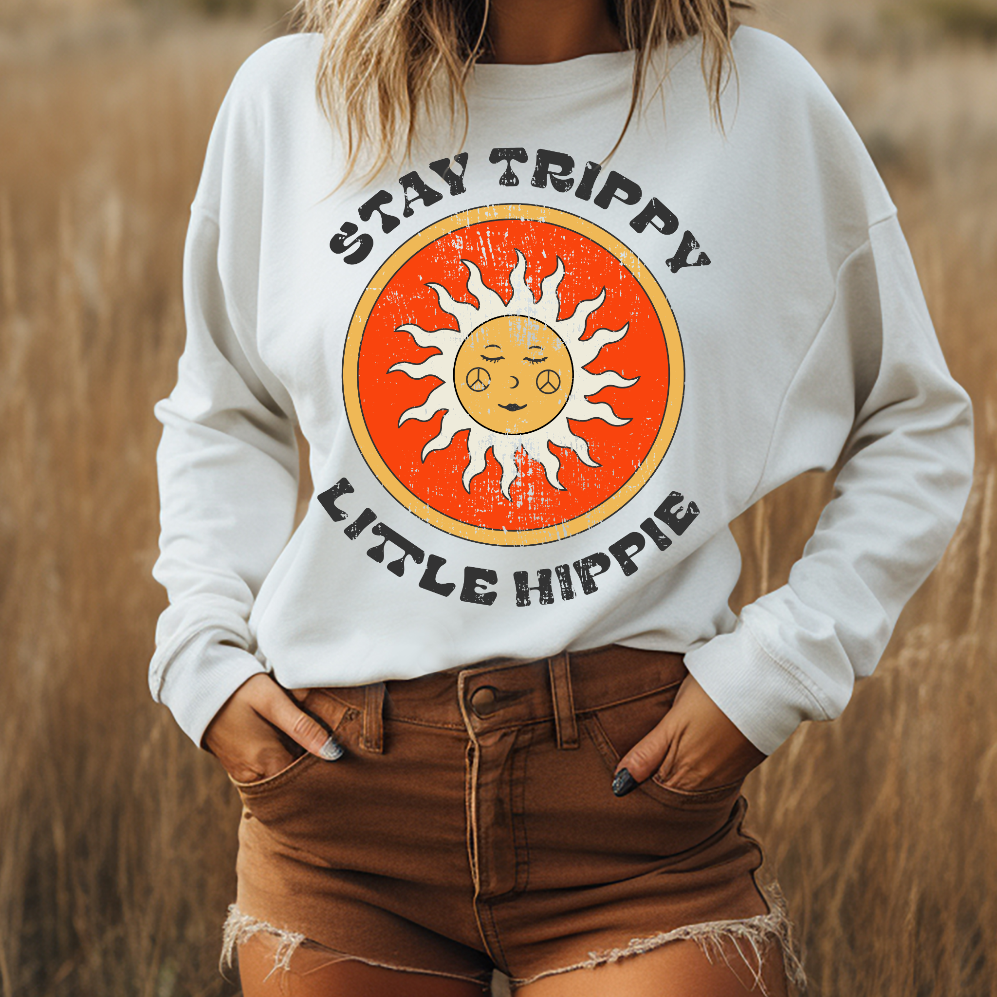 Stay Trippy Little Hippie Retro Graphic Tee Crewneck