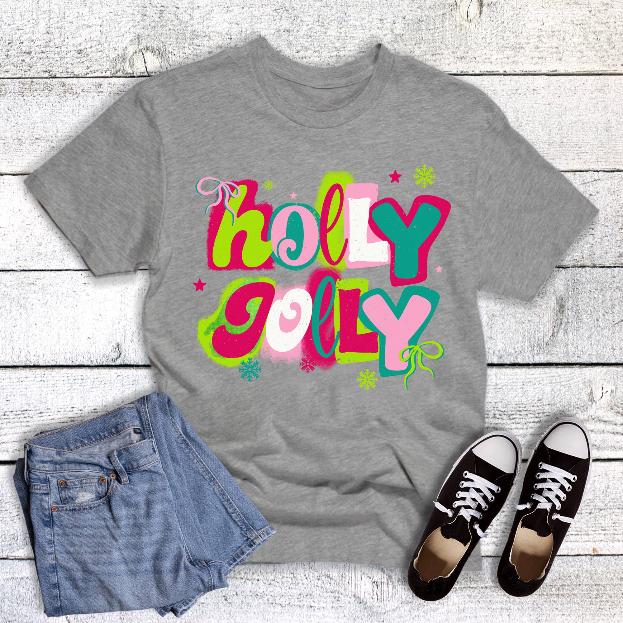 Christmas Holly Jolly with Snowflakes Graphic Tee