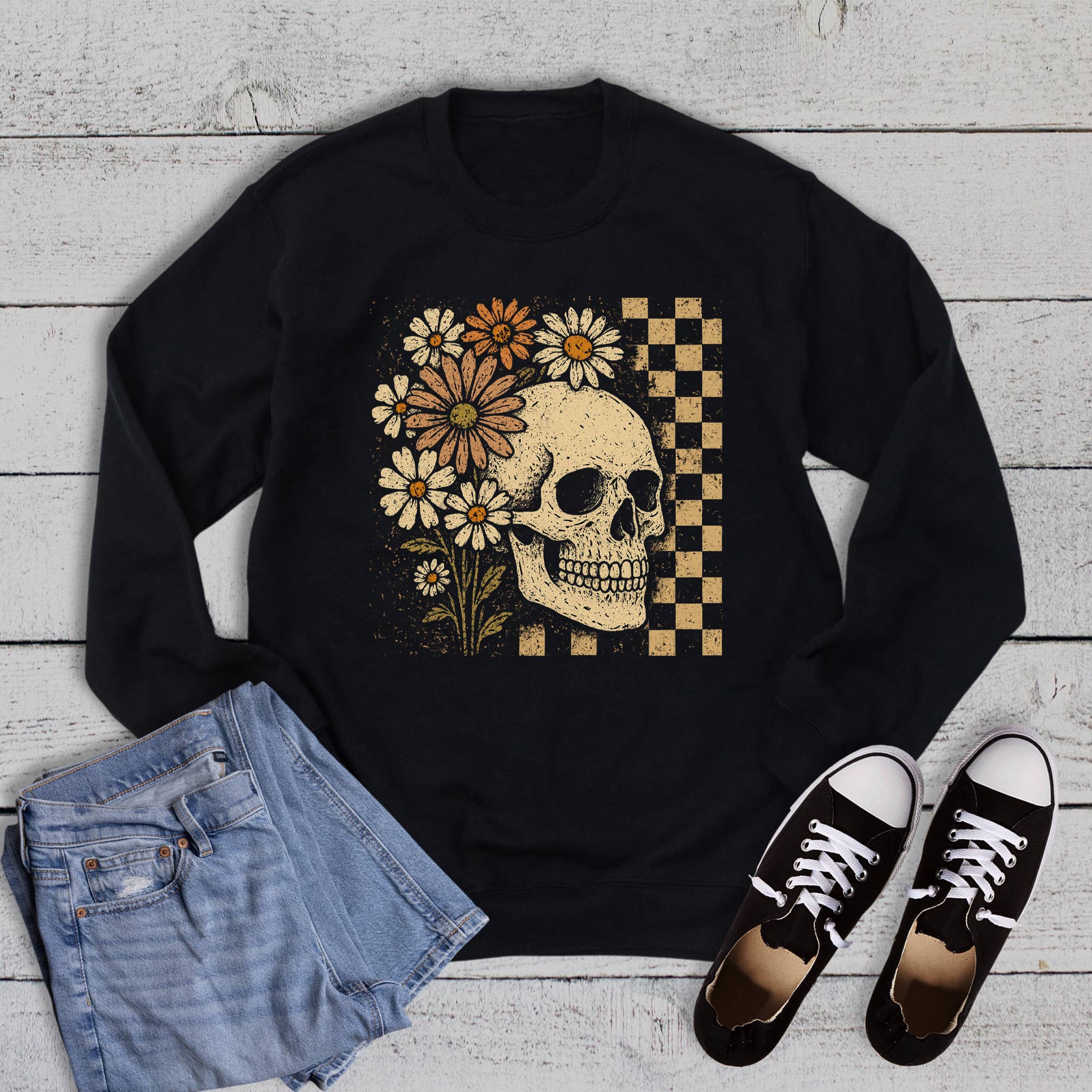 Halloween Checkered Floral Skeleton Sweatshirt