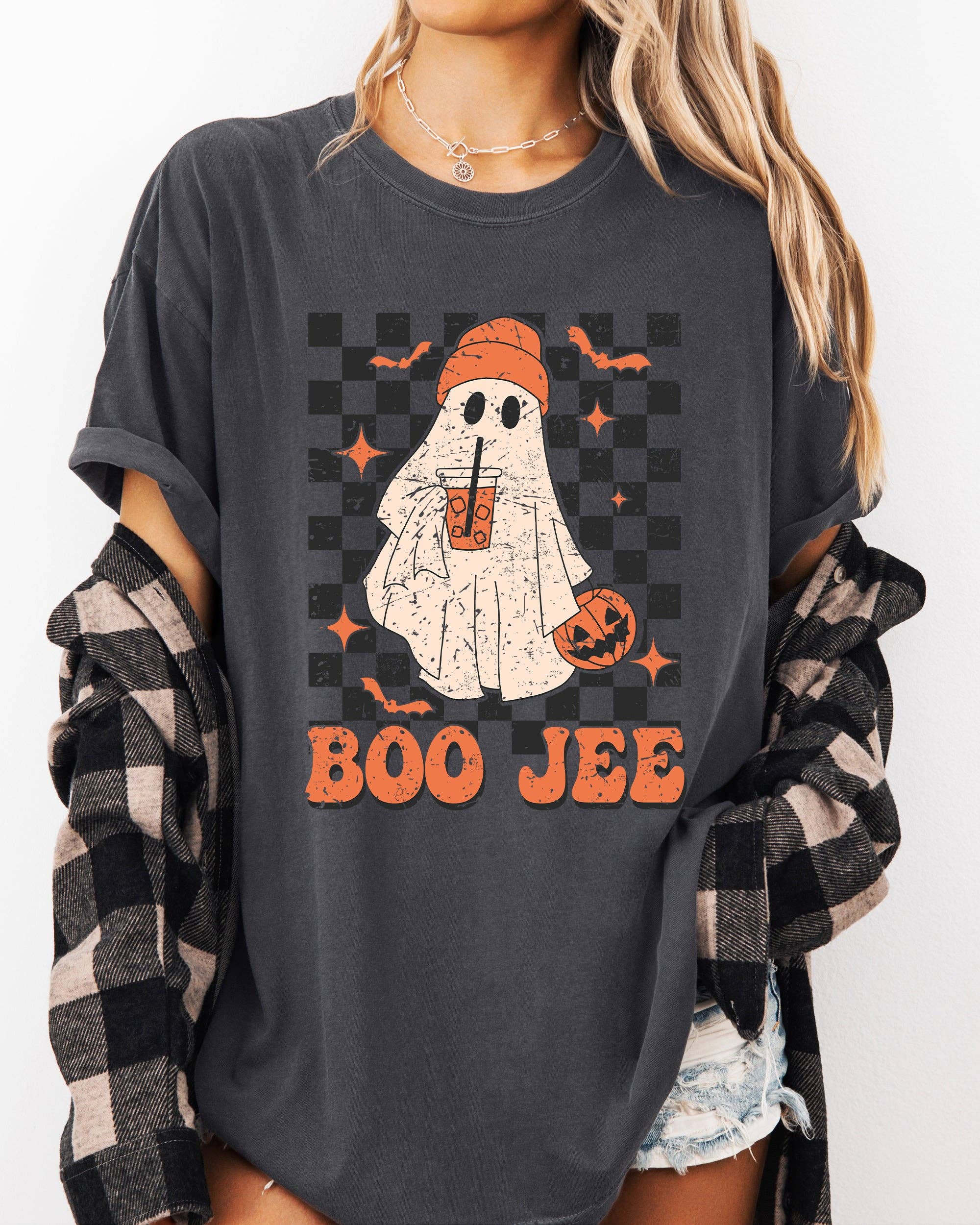 Boo-Jee Ghost, Checkered, Retro Halloween Coffee Drink Shirt